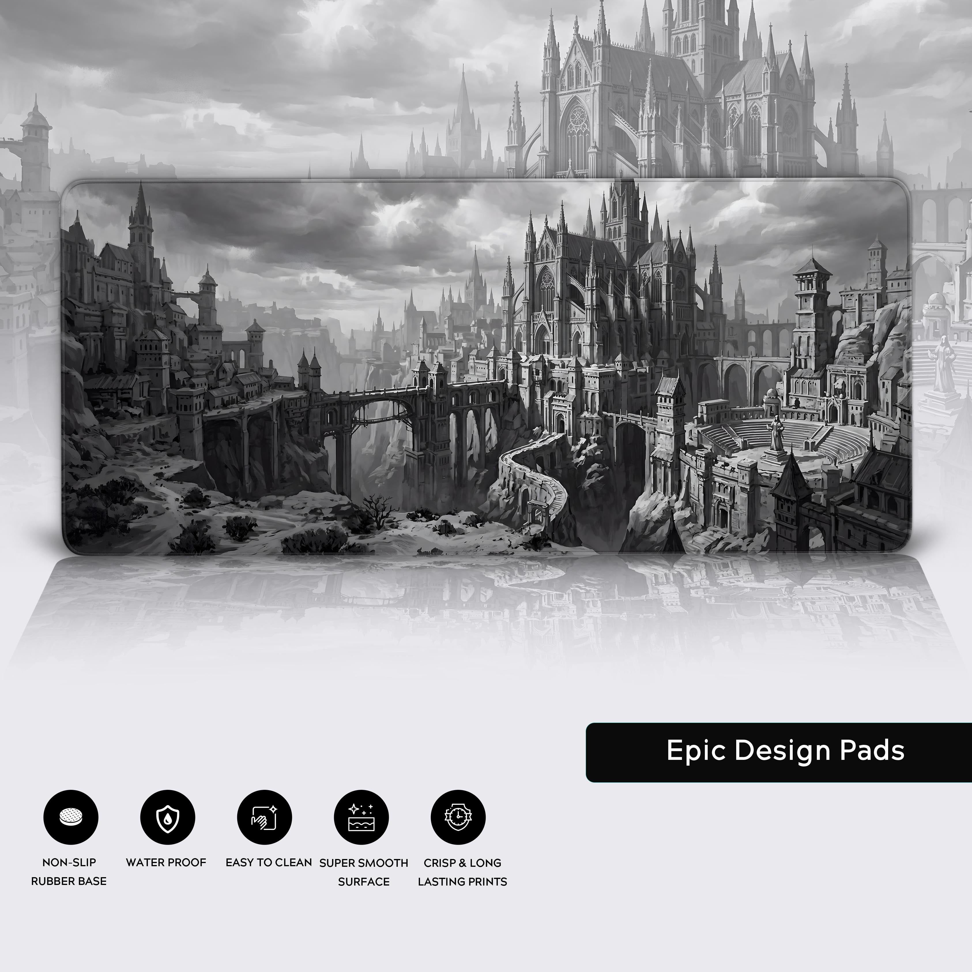Feature breakdown of the gaming desk mat showing non-slip base, waterproof surface, and high-quality prints