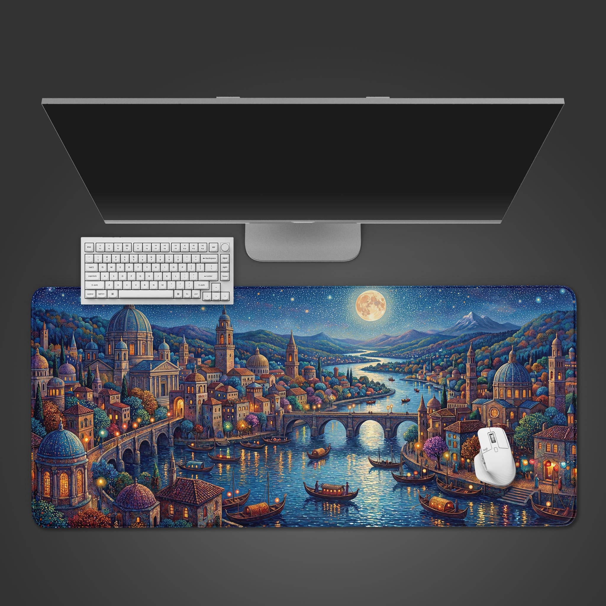 A stunning starry night fantasy city desk mat featuring glowing domed buildings and a luminous river.