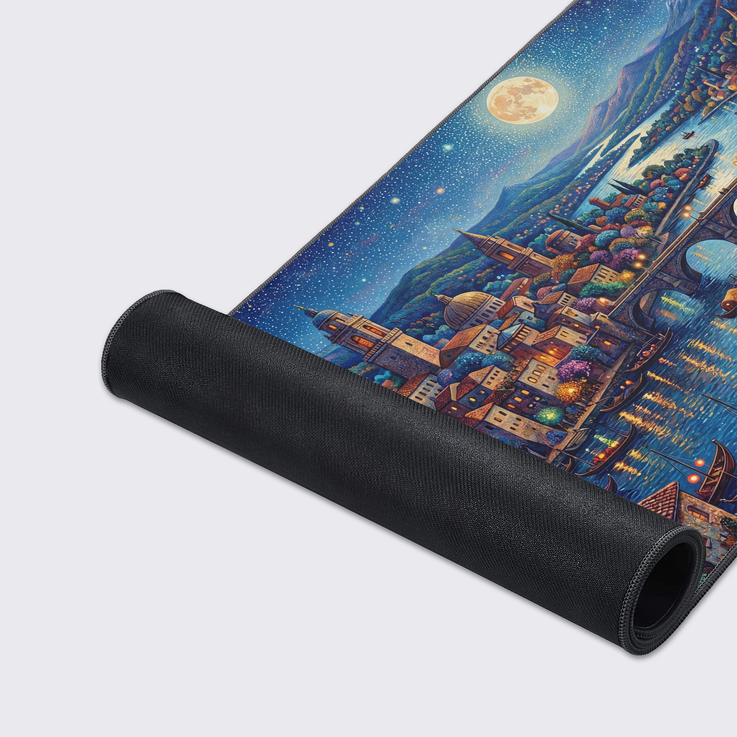 Top-down view of the large extended gaming mat showcasing the vibrant, starry night sky and city lights.
