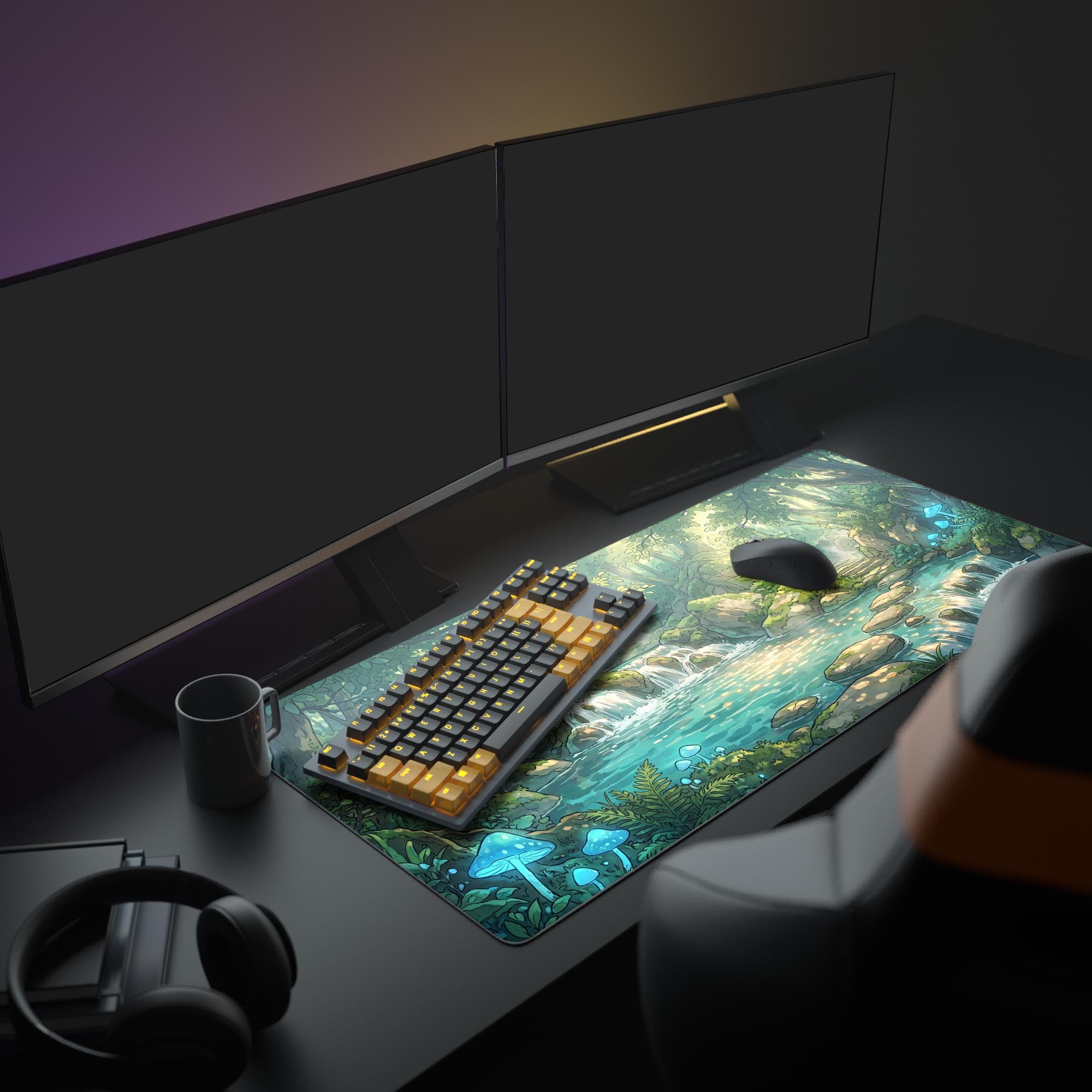 Close-up of the glowing blue mushrooms and vibrant green mossy rocks on the enchanted forest gaming mouse pad.