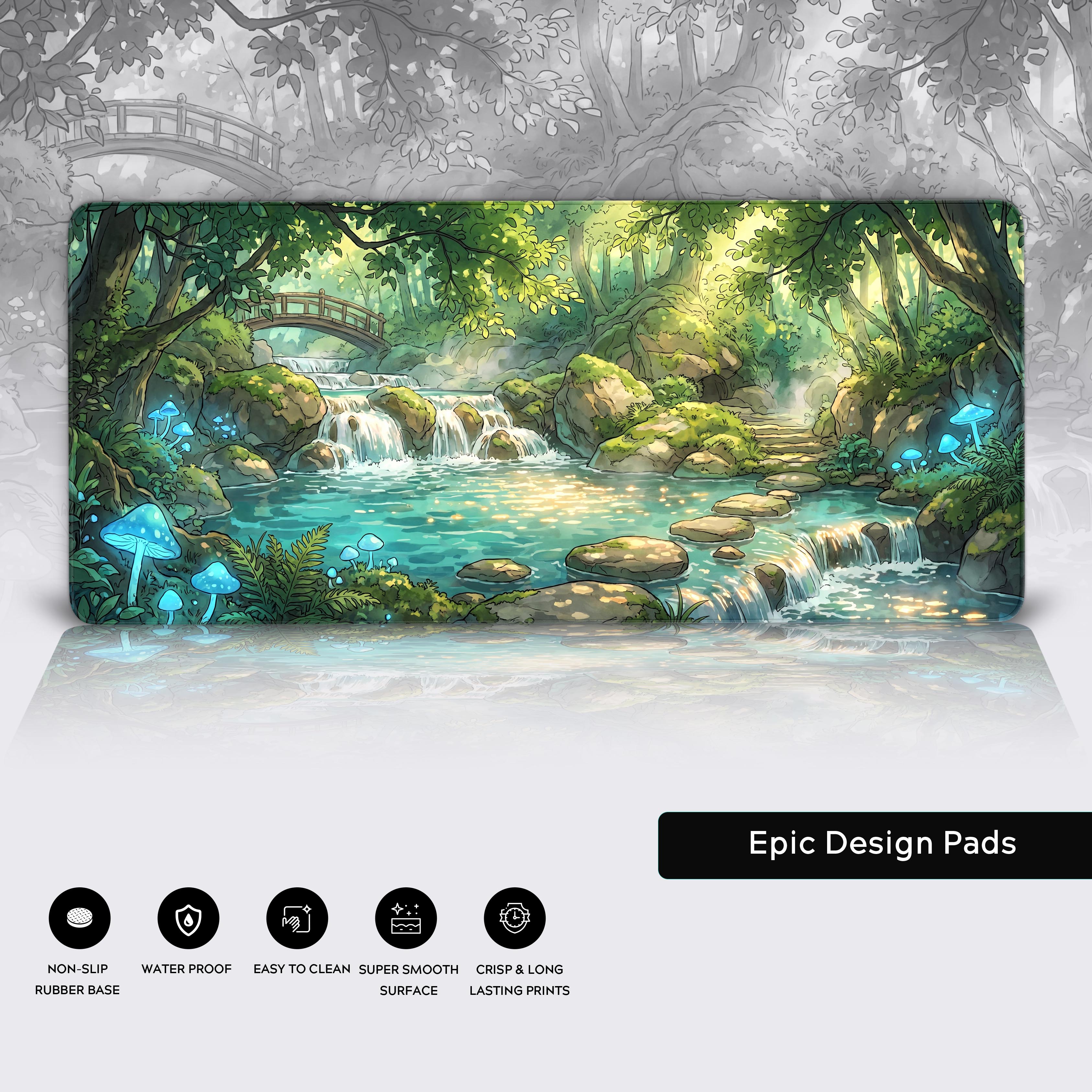 Product features of the enchanted forest desk mat highlighting non-slip rubber base, waterproof surface, and high-quality print.
