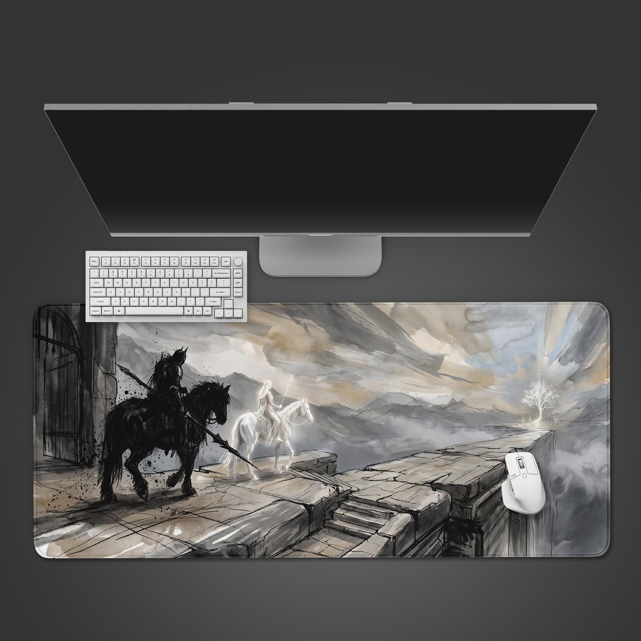 Ethereal Journey Dark Fantasy desk mat featuring two riders on horseback overlooking a glowing tree