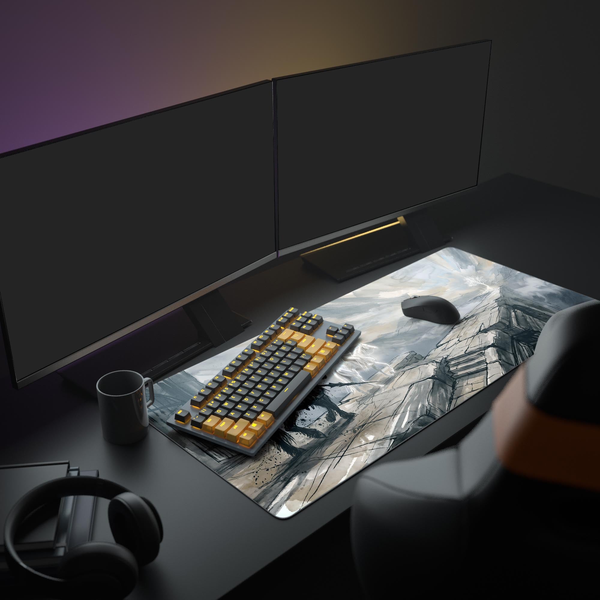 Close-up of the sketch style fantasy artwork on a large gaming mouse pad