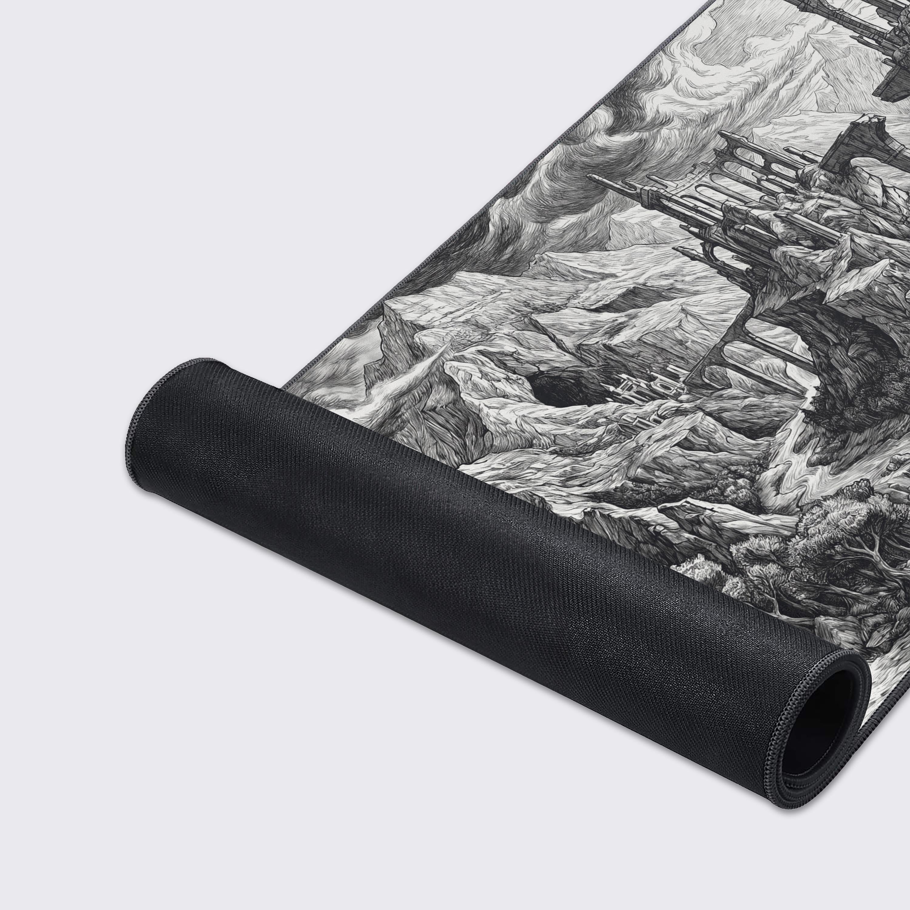 Close-up of the crisp monochrome artwork on the water-proof desk mat surface