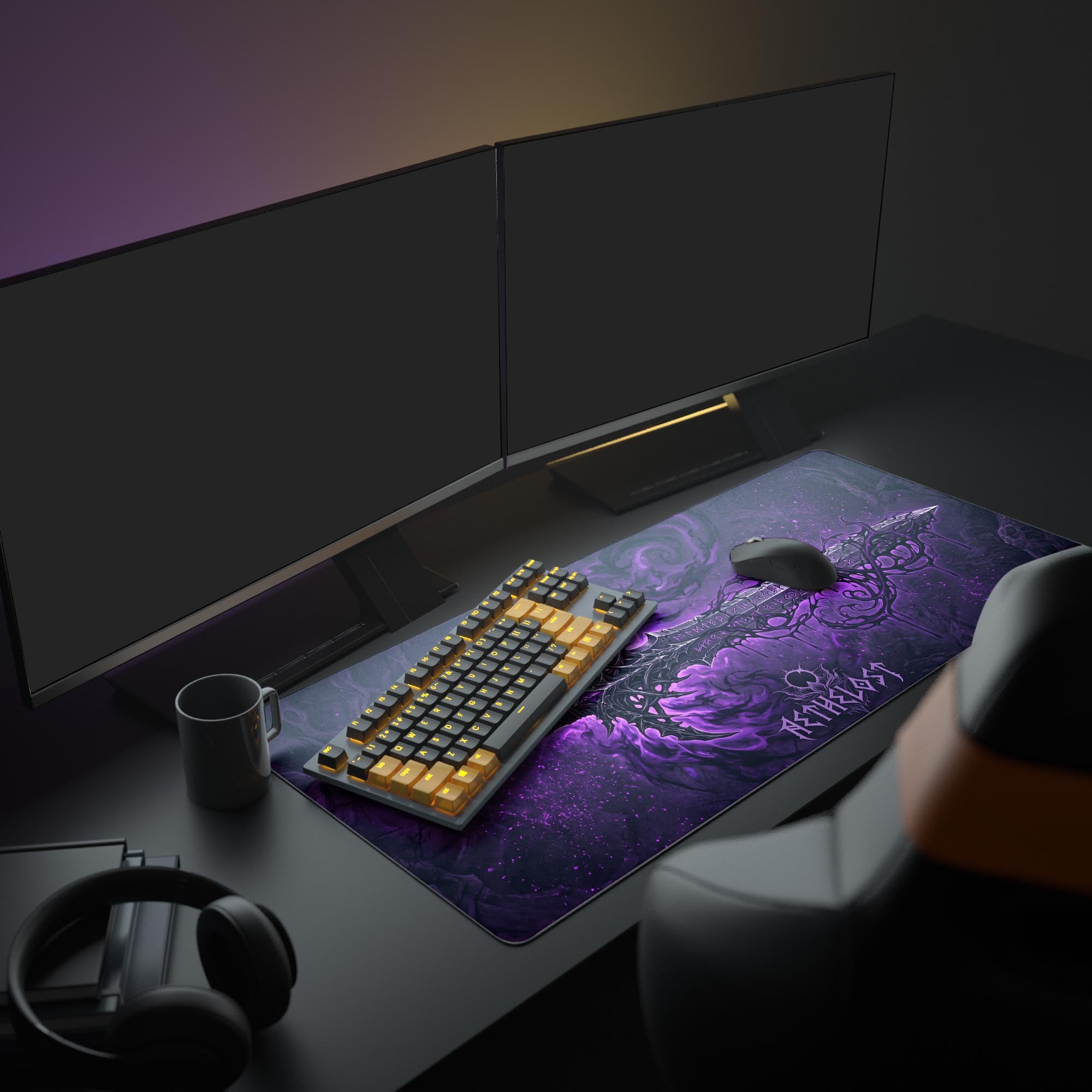 Close-up of gothic sword hilt and runic blade art on large mouse pad