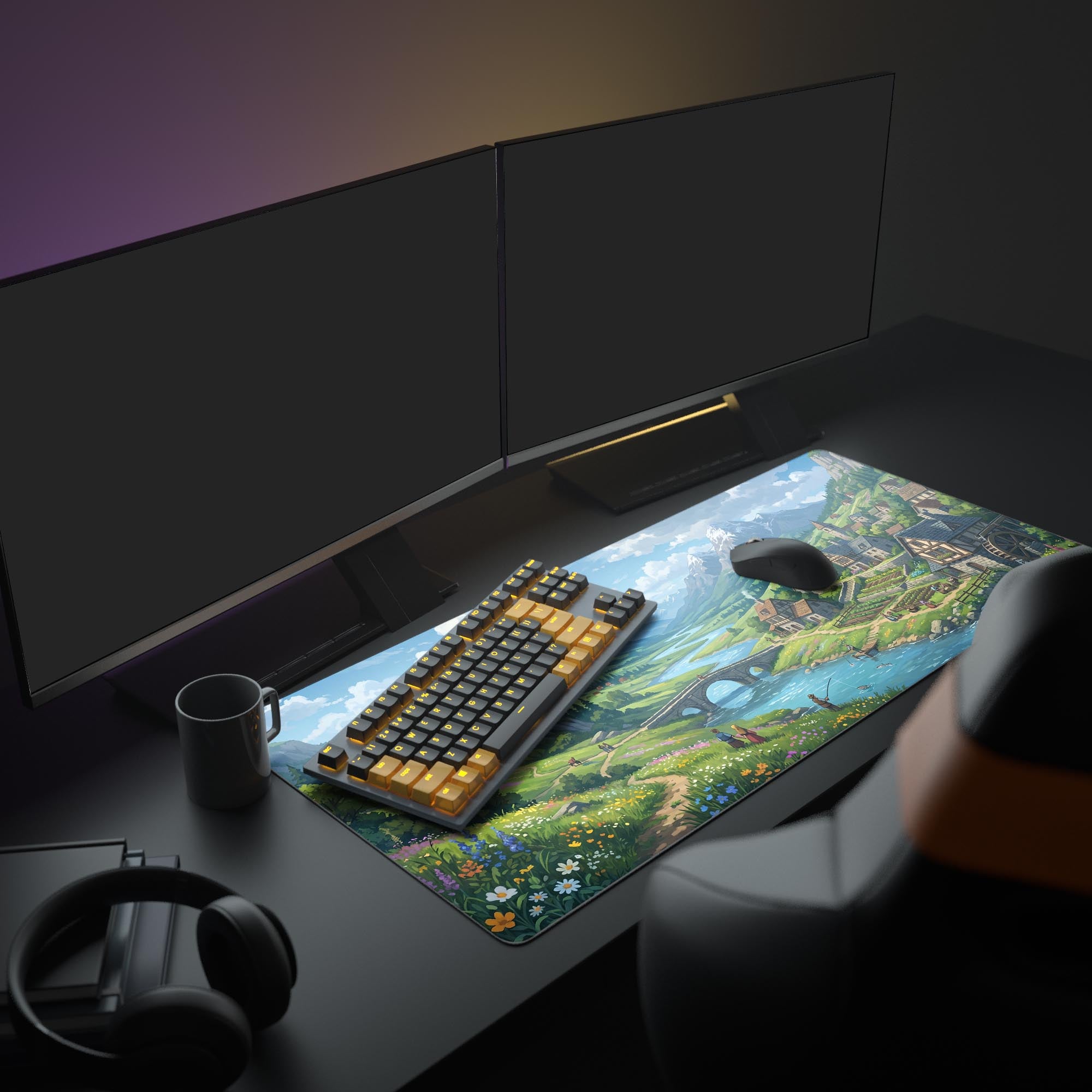 Close up of vibrant pastoral landscape artwork on a large gaming mouse pad
