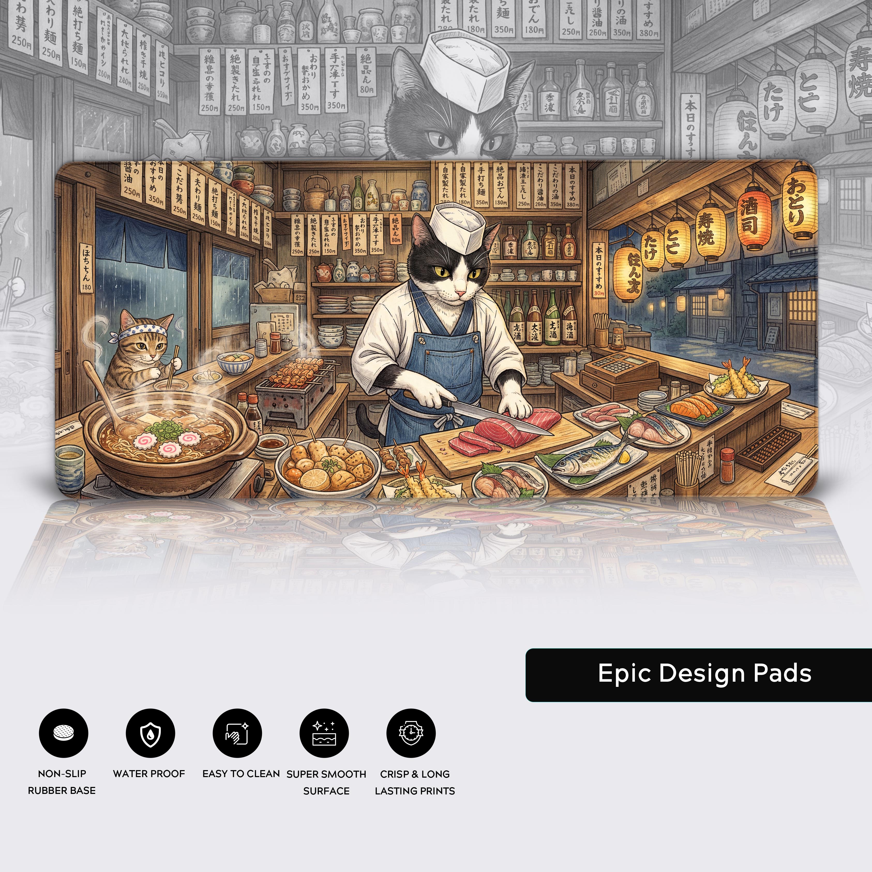 Aesthetic workspace setup enhanced by the vintage Japanese cat izakaya desk mat