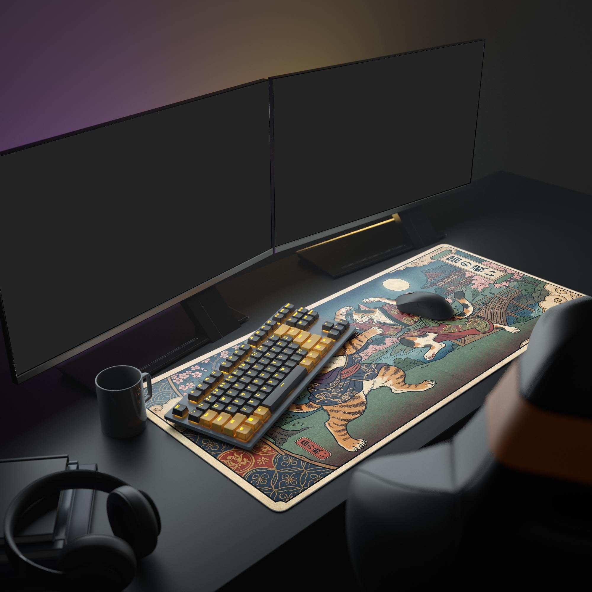 Large Ukiyo-e desk mat with the Feline Tussle cat design. Shown in an aesthetic desk setup with dual monitors, headphones, and a mechanical keyboard. - Epic Design Pads & Mousepads