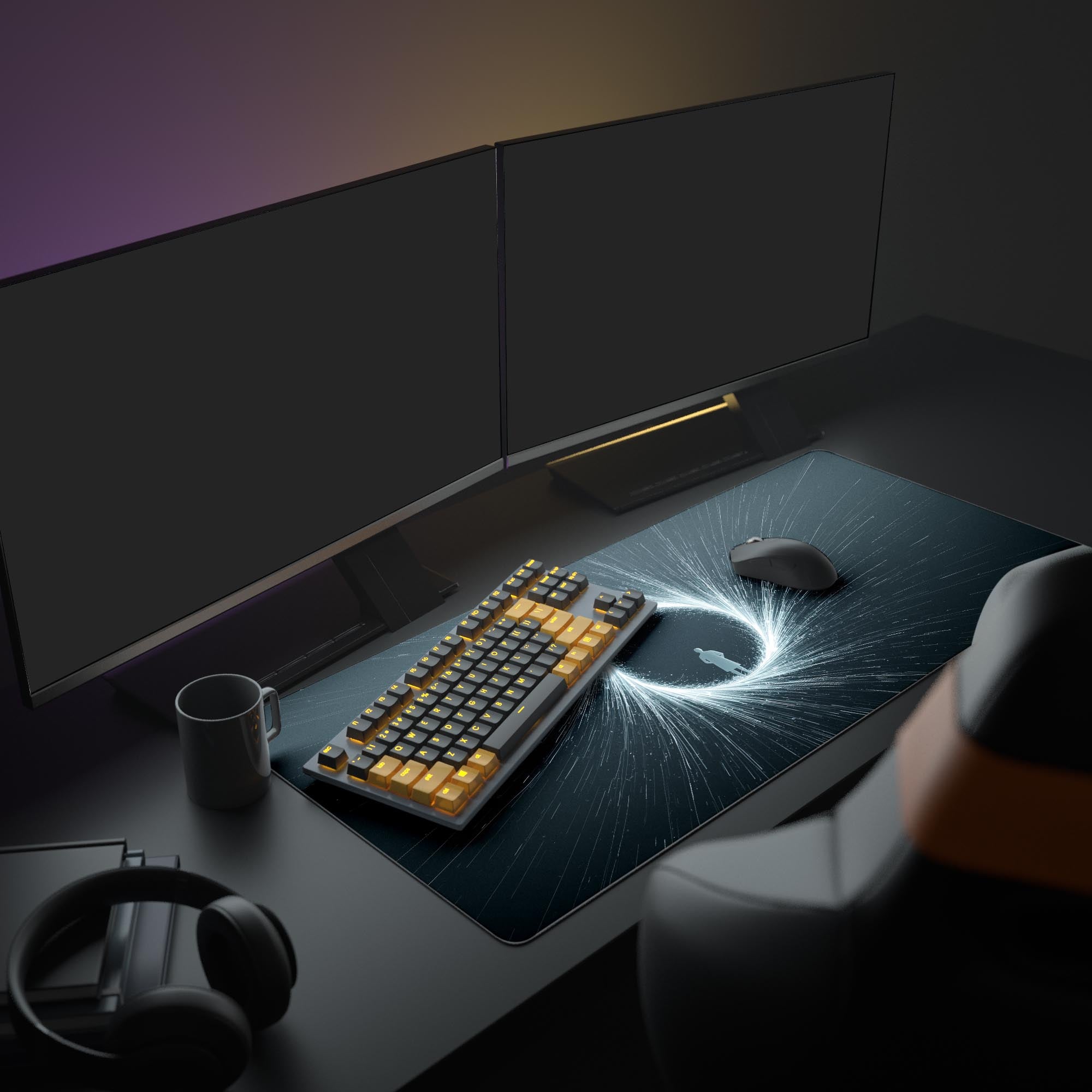 Large Final Threshold desk mat in an aesthetic office setup with dual monitors, a mechanical keyboard, and headphones, creating a contemplative workspace. - Epic Design Pads & Mousepads