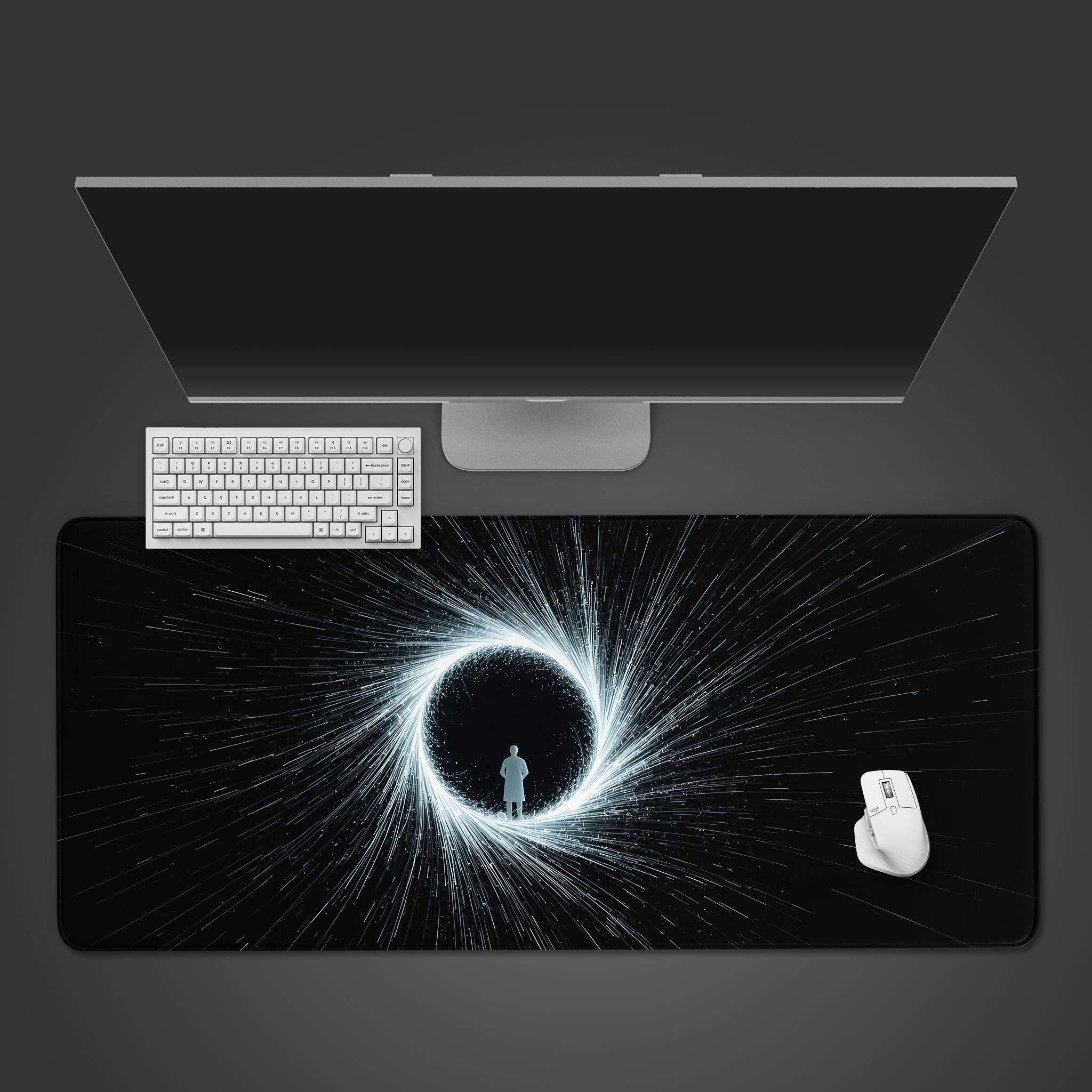 Final Threshold desk mat with luminous portal design, shown from a top-down view with a black keyboard and mouse on a modern desk. - Epic Design Pads & Mousepads