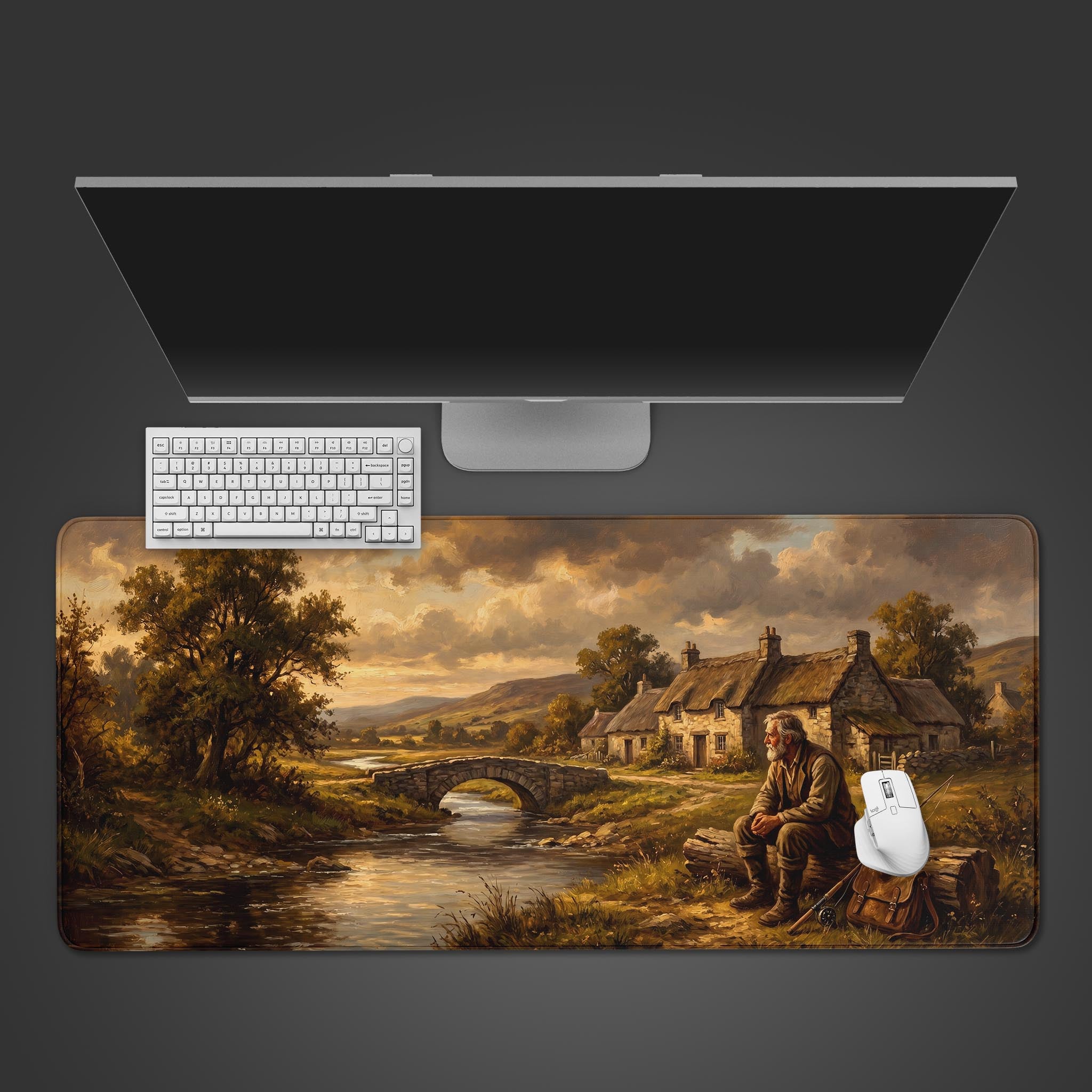 Vintage Fisherman fine art desk mat showcasing a pastoral landscape with a river and stone bridge