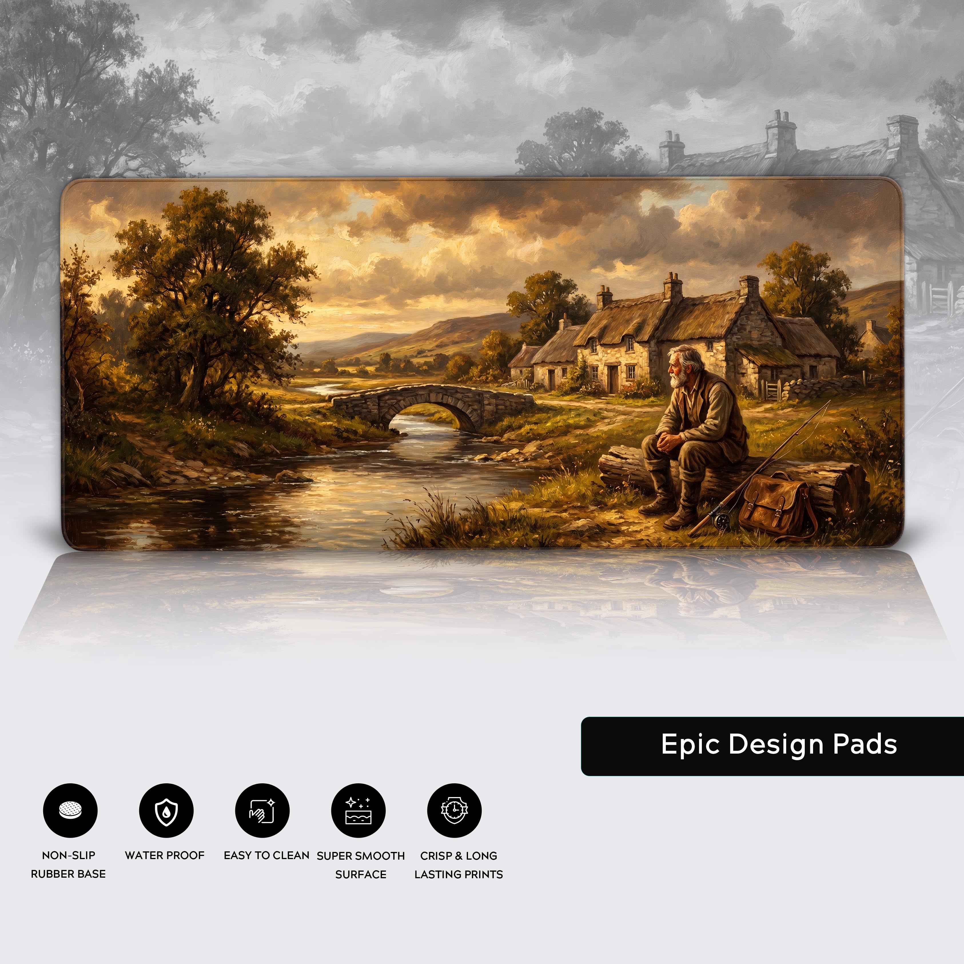 Features of the Epic Design Pads desk mat including non-slip rubber base, waterproof coating, and smooth surface