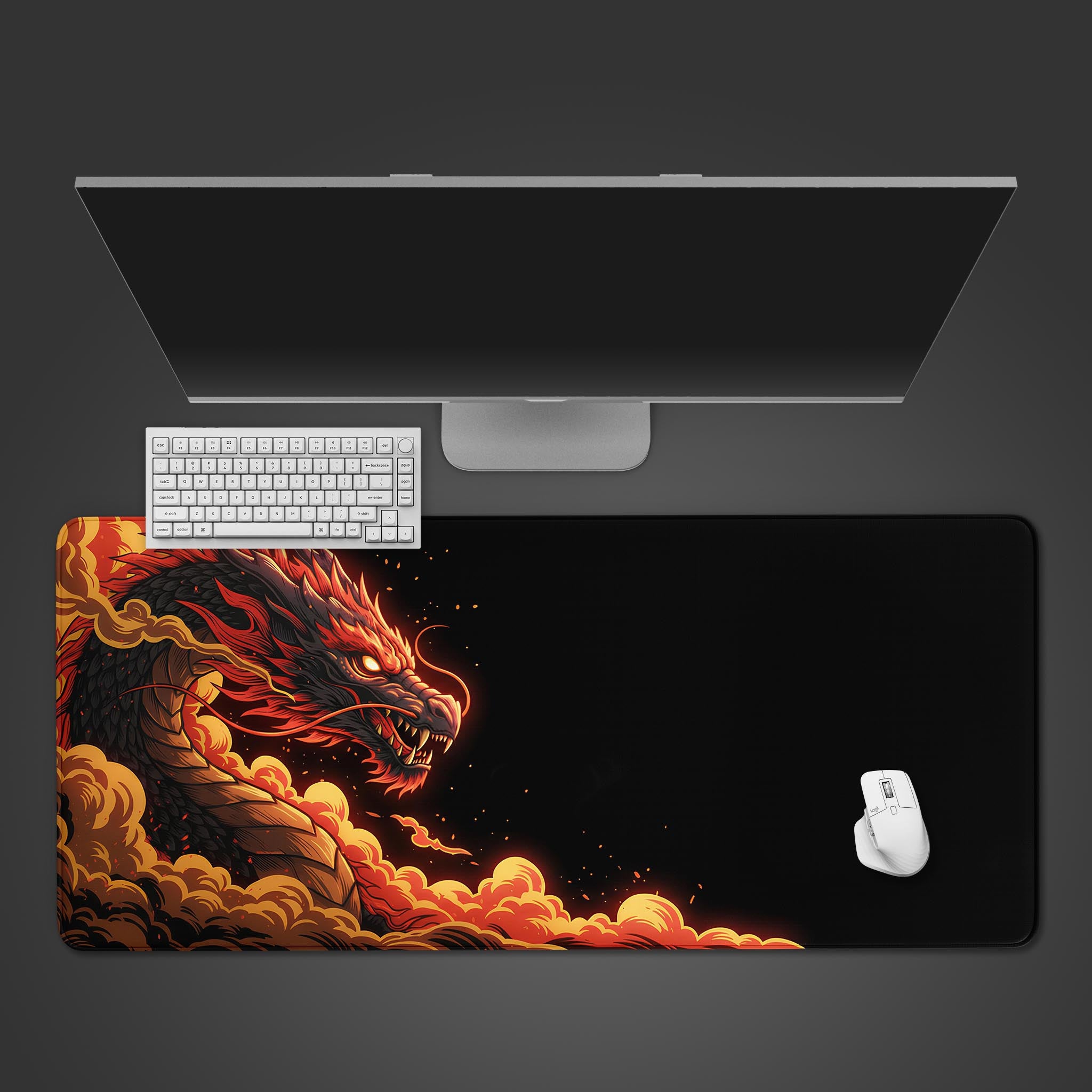 Dragon desk mat with fiery design on desktop – top view with keyboard and mouse. - Epic Design Pads