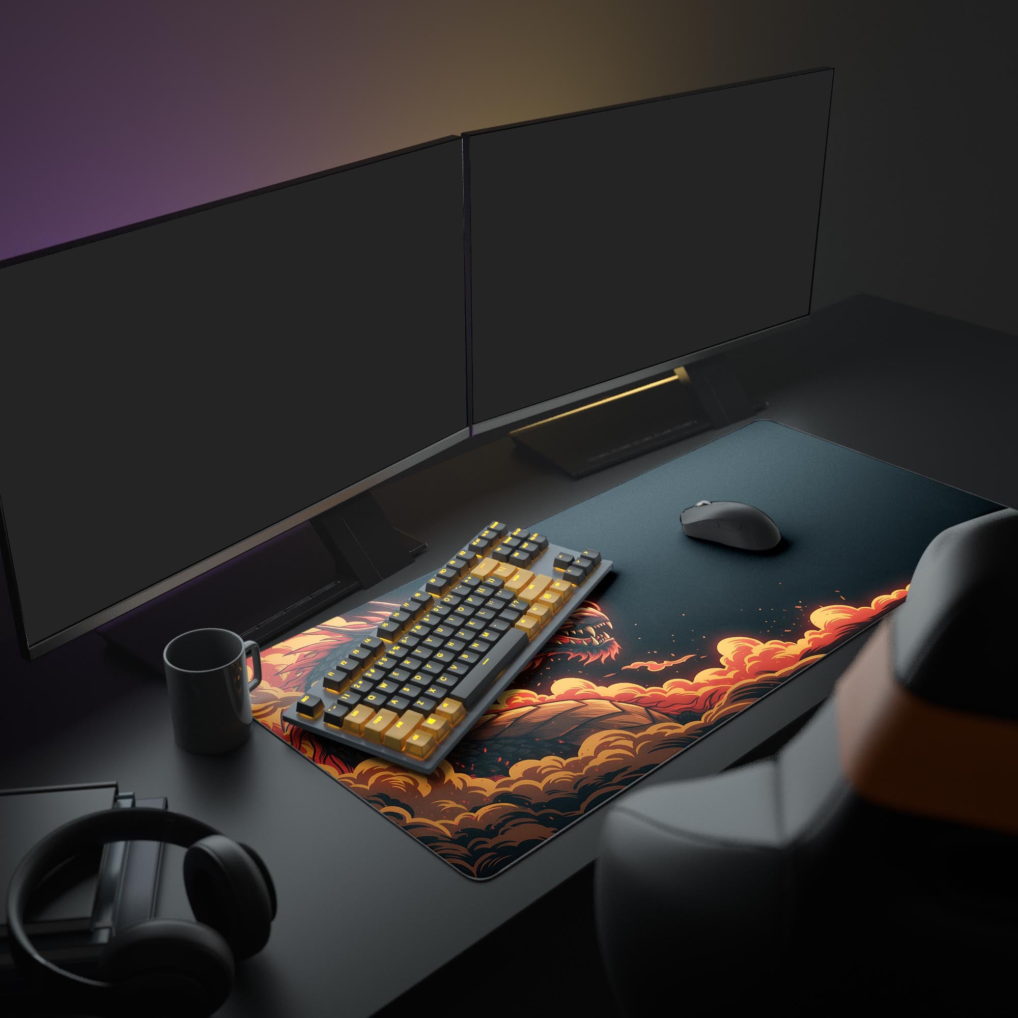 Flame-driven dragon desk mat in fantasy workspace setting – large mat with vibrant colors. - Epic Design Pads