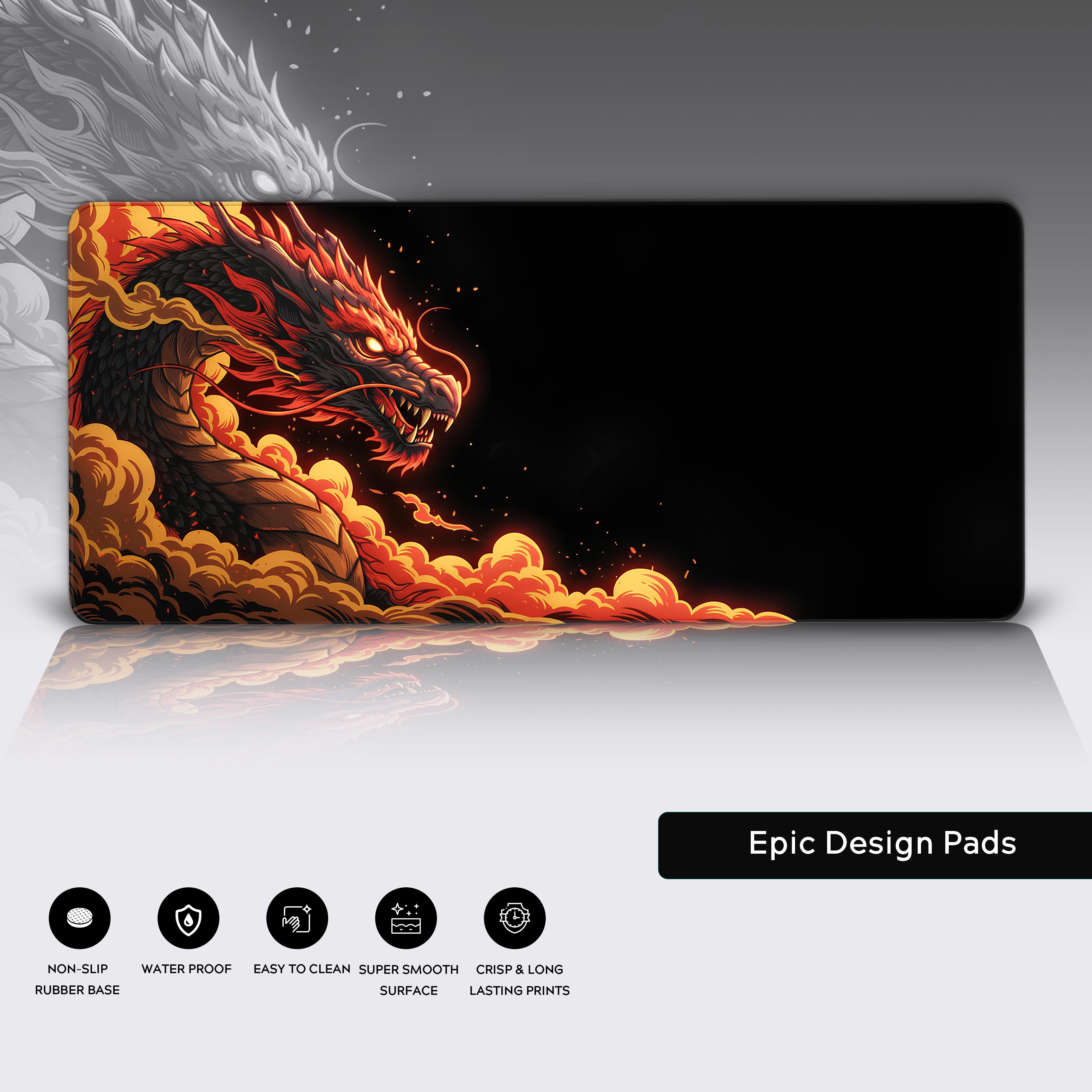 Fiery dragon design desk mat with non-slip base and vibrant colors – desk pad showcase. - Epic Design Pads