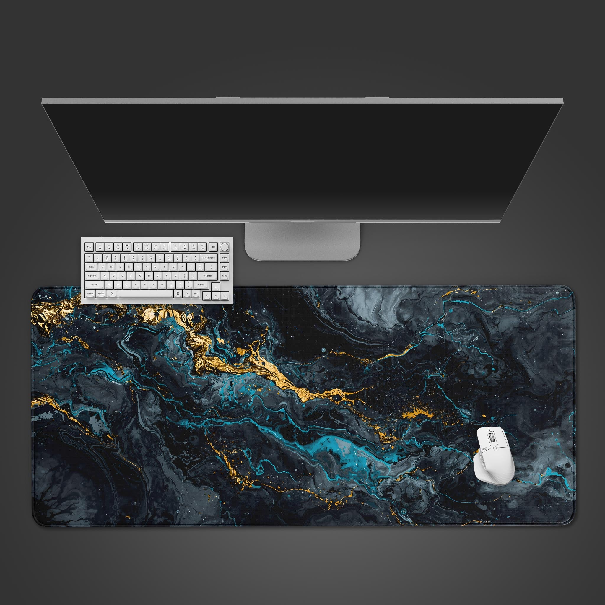 Flow State abstract art desk mat in charcoal, turquoise, and gold. Top-down view on a modern desk with a minimalist keyboard and mouse. - Epic Design Pads & Mousepads
