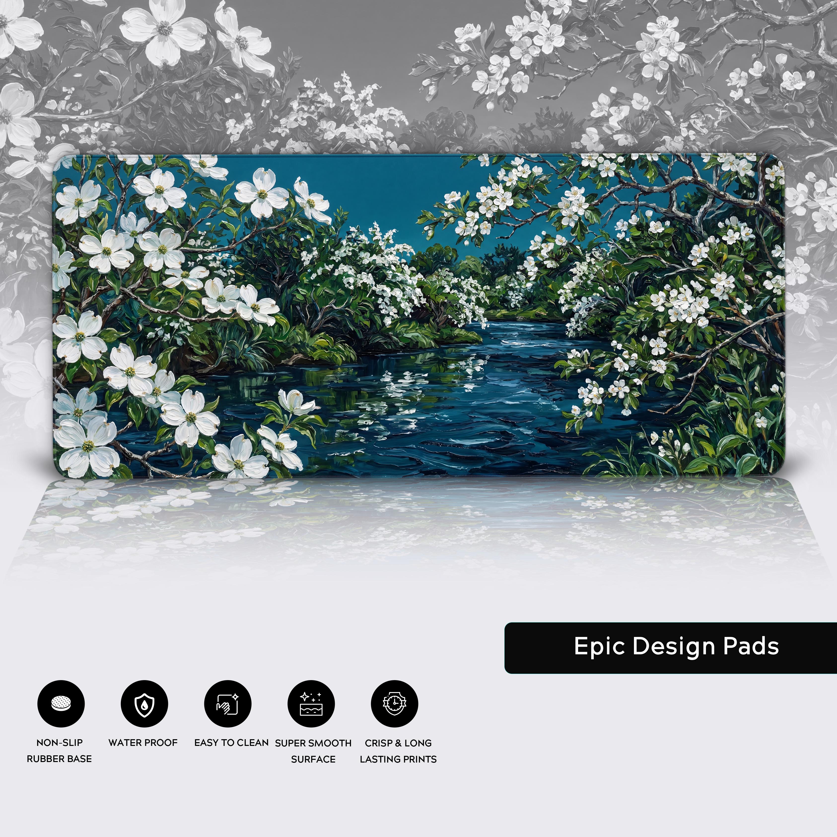 Epic Design Pads Spring Blossom River desk mat laid flat on a desk reflecting tranquil nature vibes.