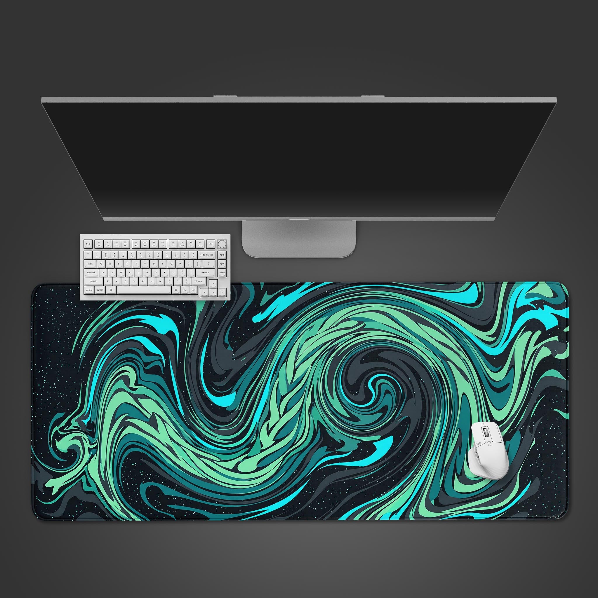 Liquid teal and mint green fluid art desk mat with cosmic speckles