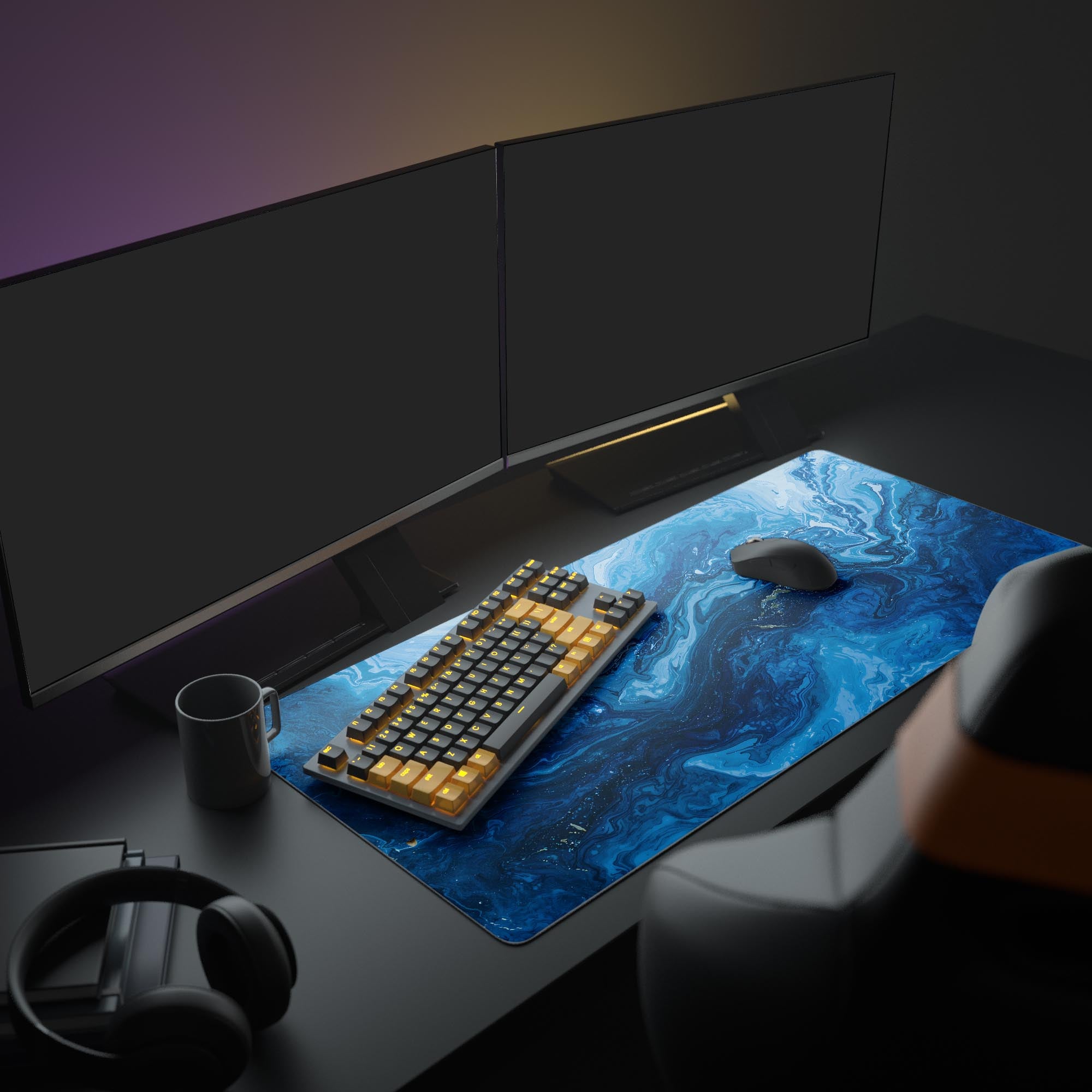 Close-up of deep navy and light blue liquid resin design on an extended mousepad