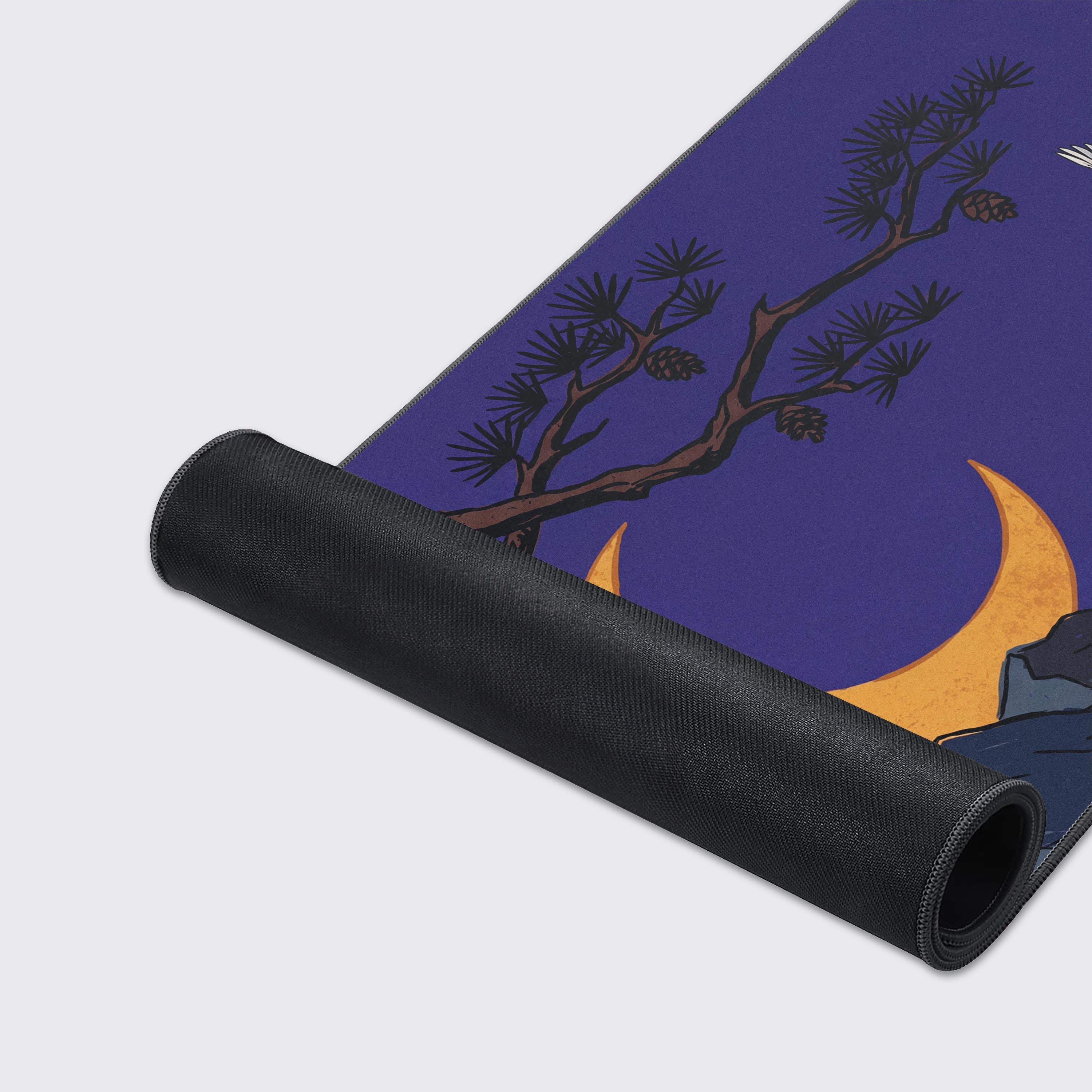 Detail of the ancient pine branch and glowing crescent moon, highlighting the crisp and long-lasting print quality.