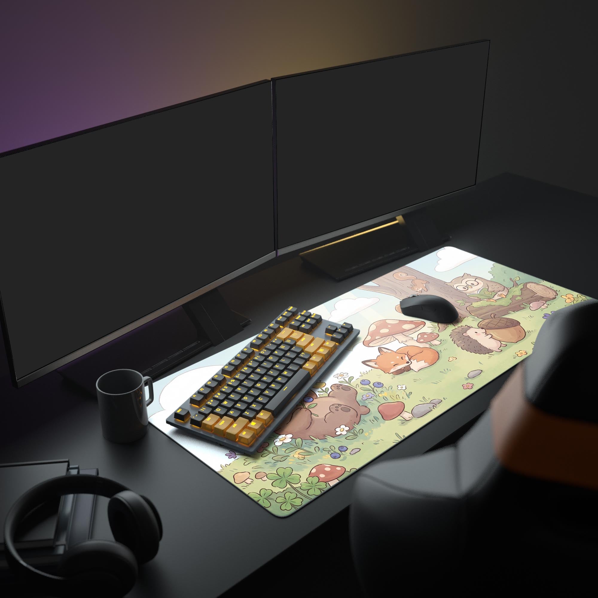 Close-up of the adorable bear eating berries and sleeping fox design on the ultra-smooth mouse pad surface.