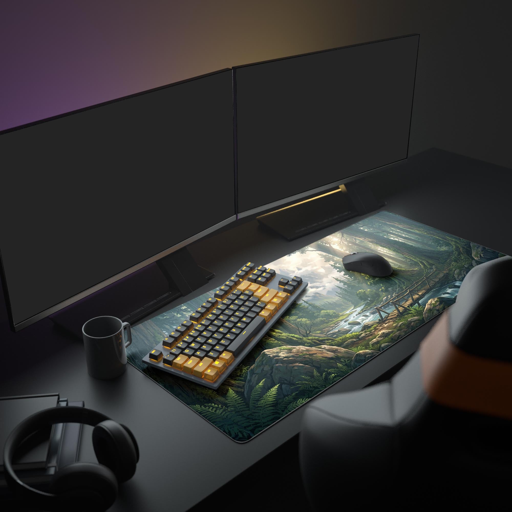 Close-up of the forest desk mat showing vibrant green moss on ancient tree trunks and golden sunlight rays.