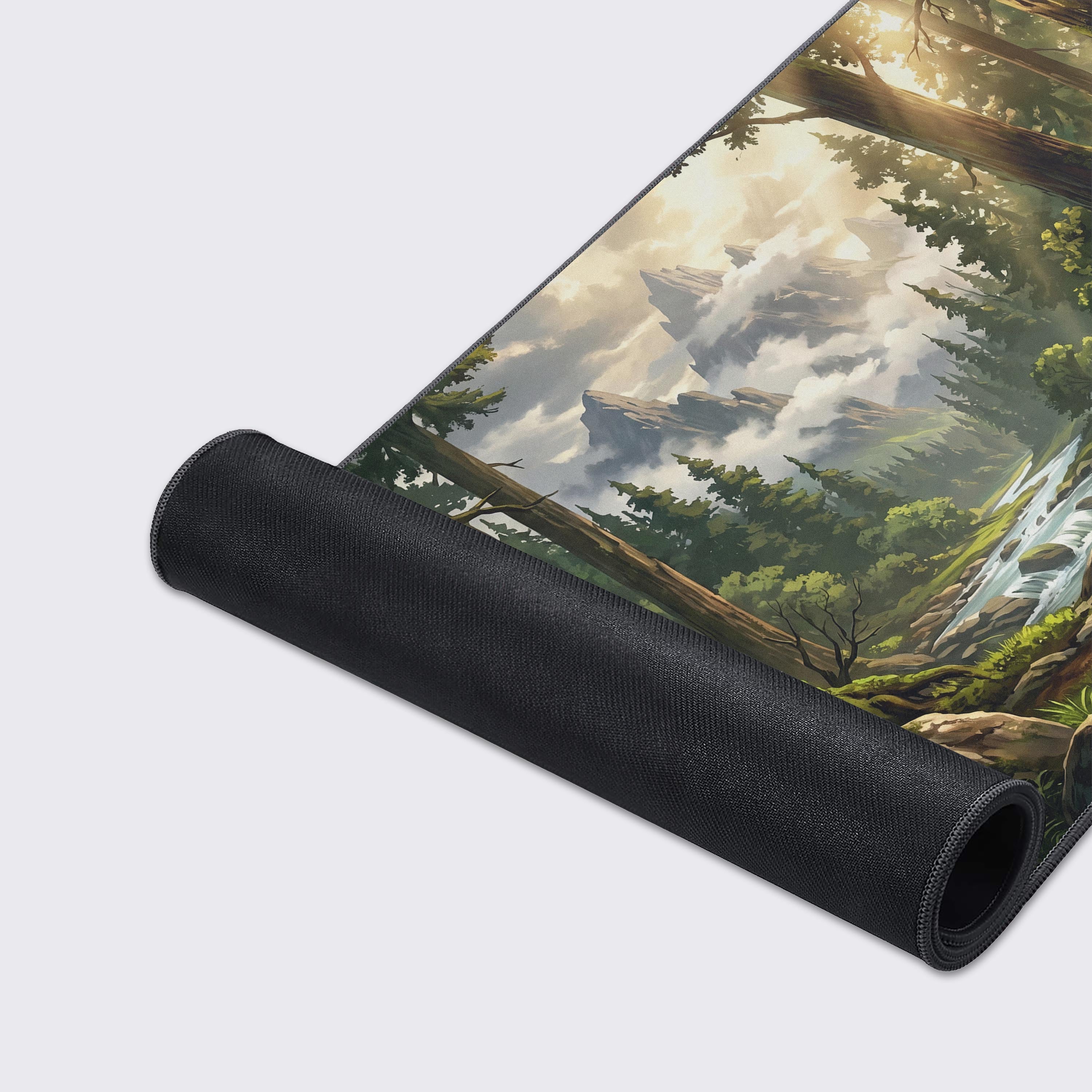 Distant mist-covered mountains and a clear river flowing under a wooden bridge on a smooth mouse pad surface.