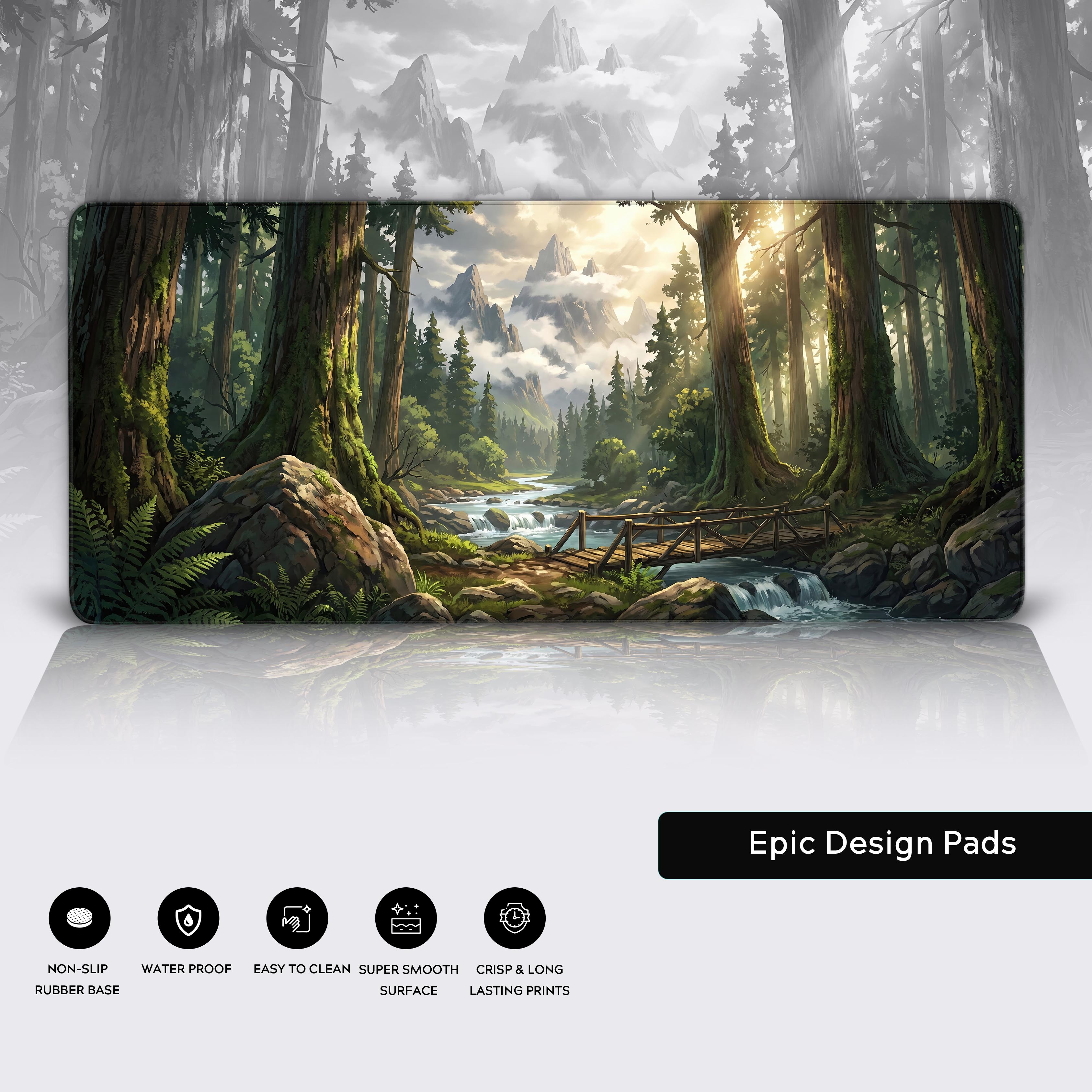 Epic Design Pads desk mat with non-slip base, waterproof coating, and vivid nature landscape print.