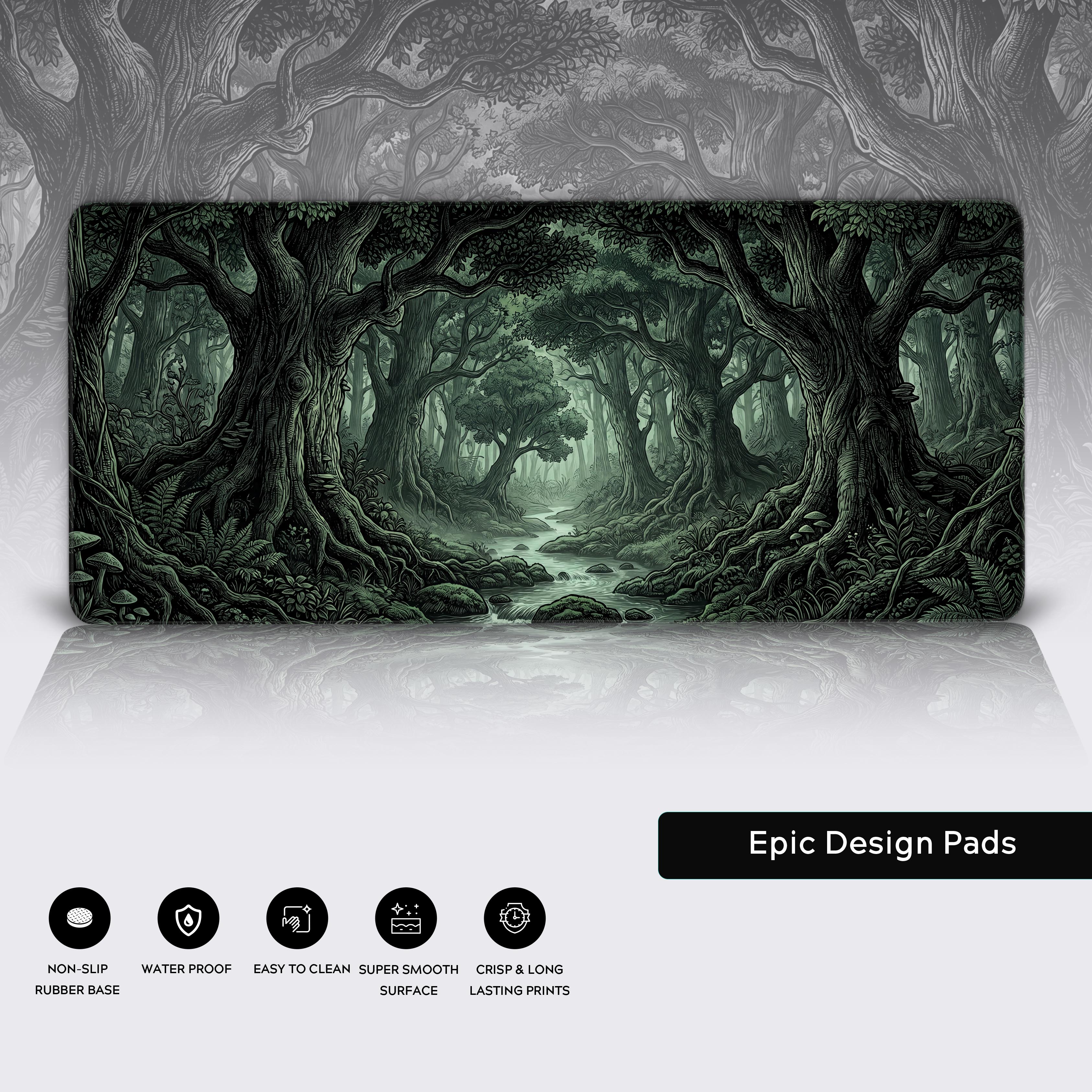 Epic Design Pads ancient woodland desk mat showing waterproof and non-slip feature icons