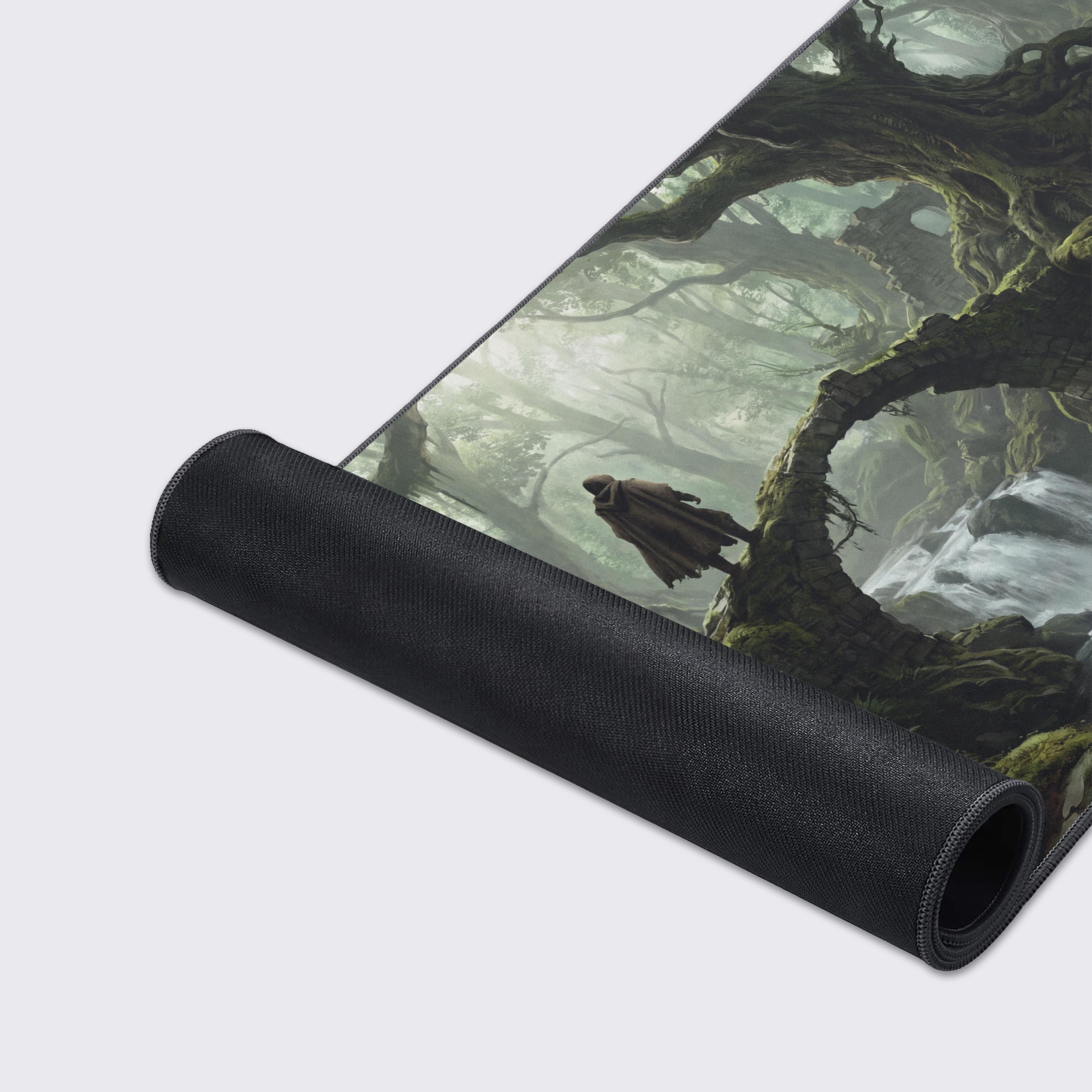 Product features of the Ancient Forest Ruins desk mat showing non-slip, waterproof, easy to clean, smooth surface, and crisp print icons