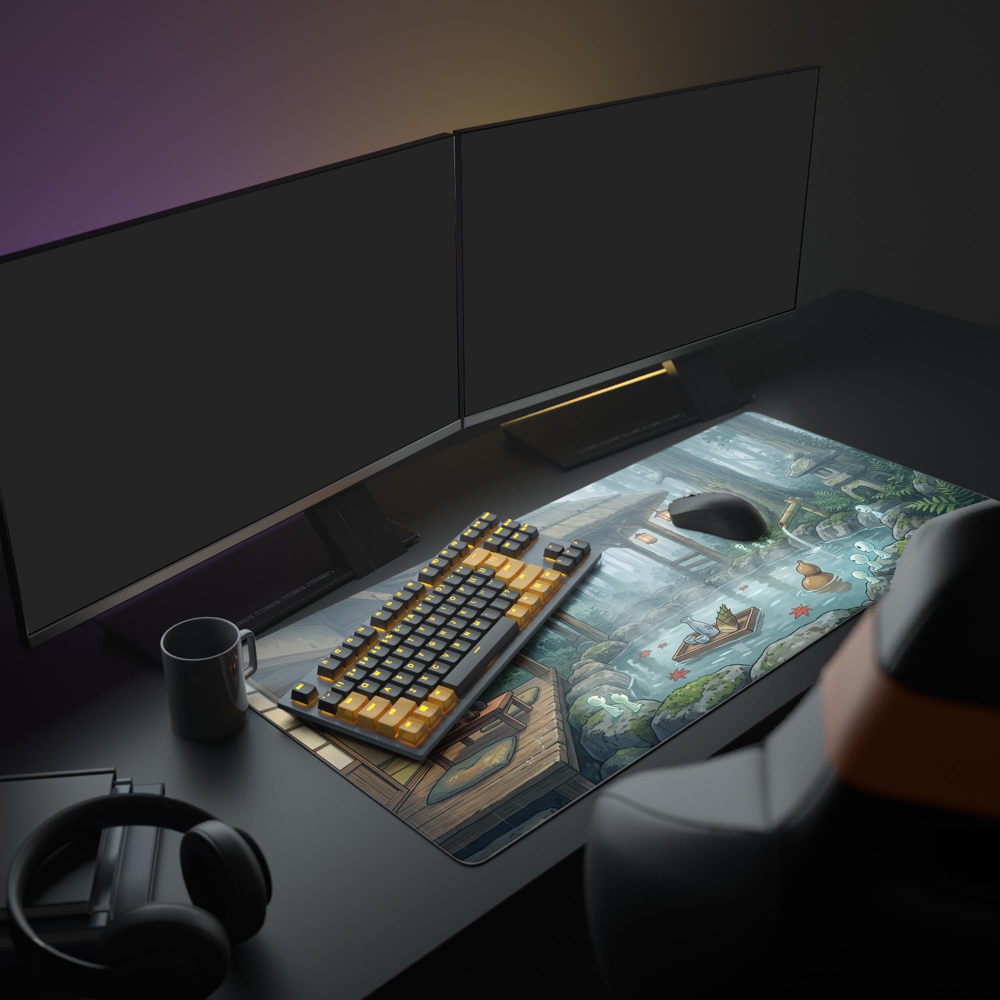 Close up of anime aesthetic mouse pad with bamboo water spout and floating tea tray