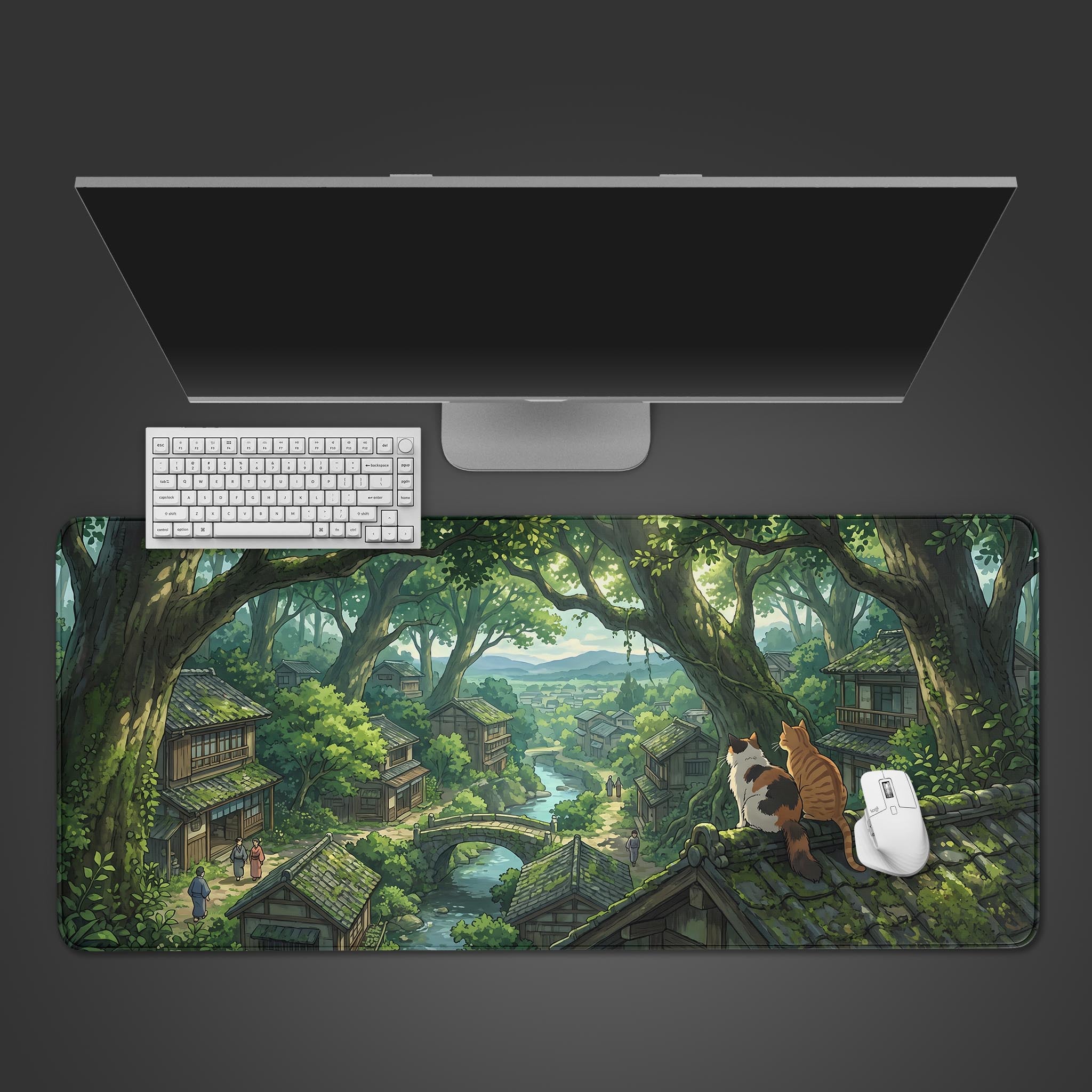 Tranquil Hidden Village landscape desk mat with a lush green forest, traditional houses, and two cats on a mossy roof.