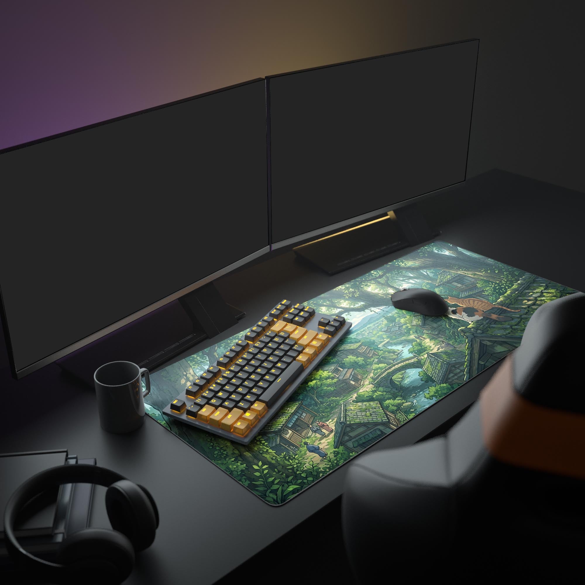 Close-up of the calico and orange cats overlooking the fantasy anime village river and bridge on the mouse pad.
