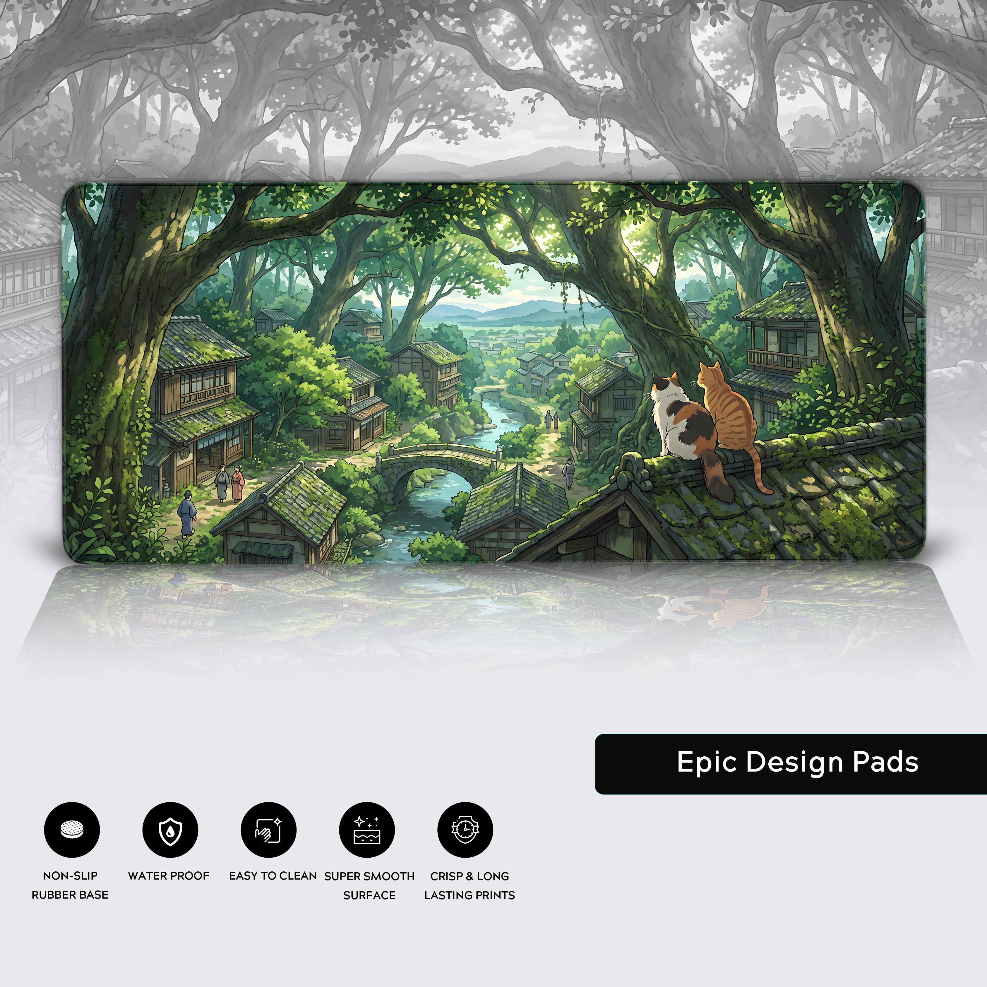 Full view of the cozy forest village desk mat, perfect for a serene and aesthetic gaming or work setup.