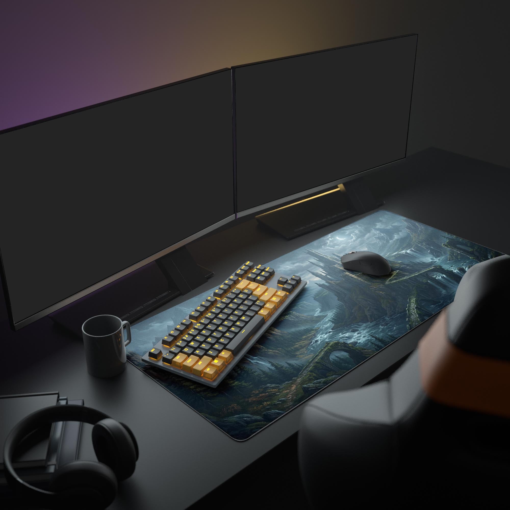 A full gaming setup featuring the Forgotten Citadel mouse pad. The dark fantasy castle art complements the monitors and peripherals, creating an immersive battlestation. - Epic Design Pads & Mousepads