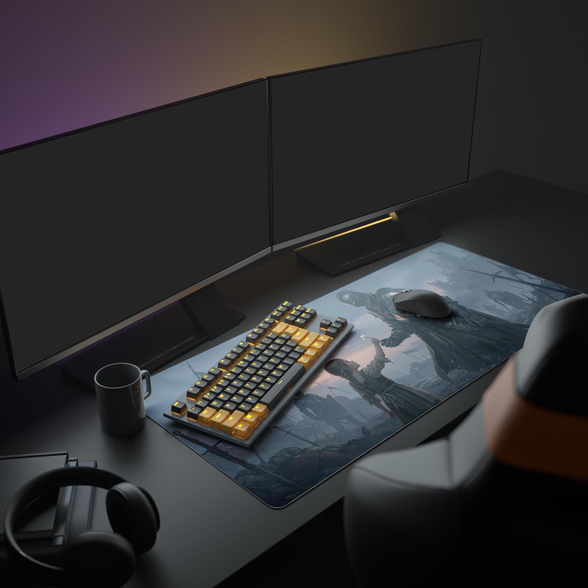 A full gaming setup featuring the dark fantasy art of the 'Forgotten Promise' Mouse Pad, complementing a large monitor and peripherals for an immersive experience. - Epic Design Pads & Mousepads
