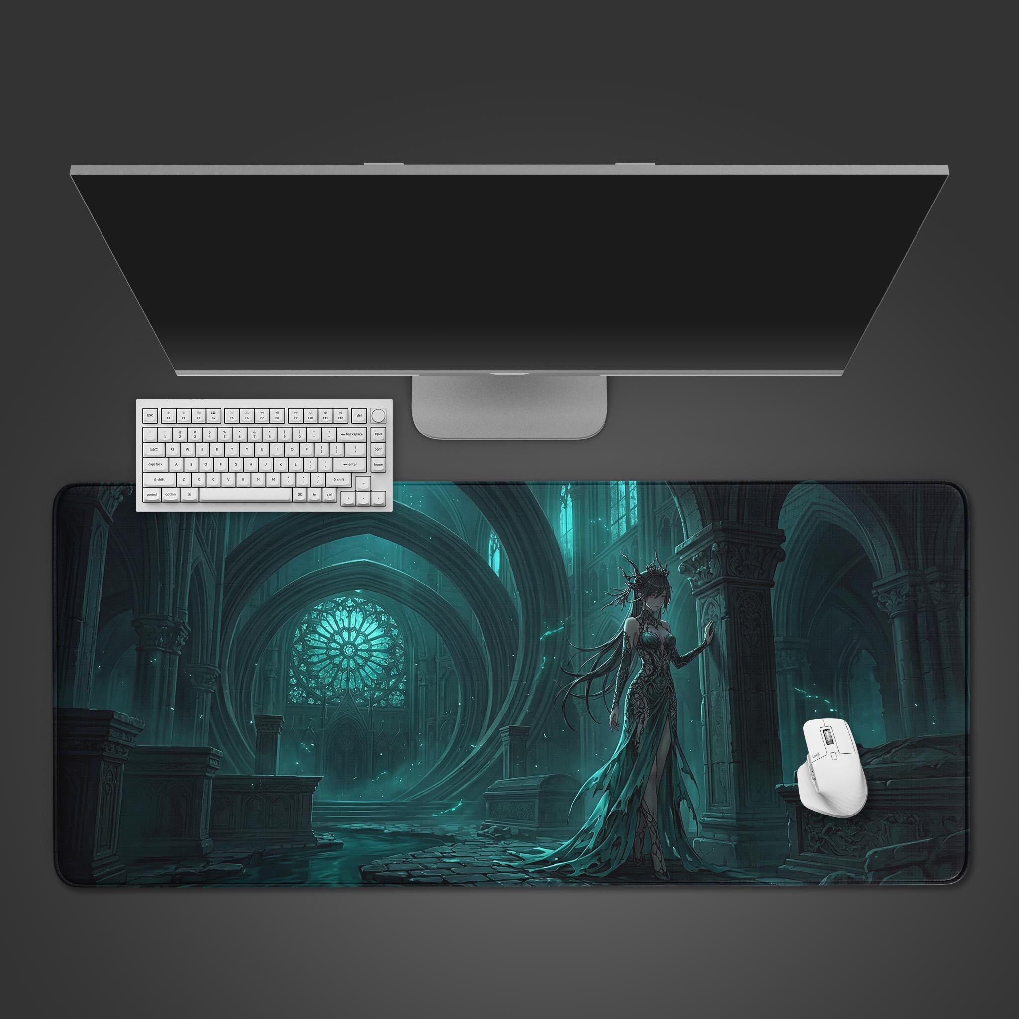 The Forgotten Reign gaming desk mat shown from above with a white keyboard and mouse, featuring a dark empress in a sunken teal cathedral. - Epic Design Pads & Mousepads