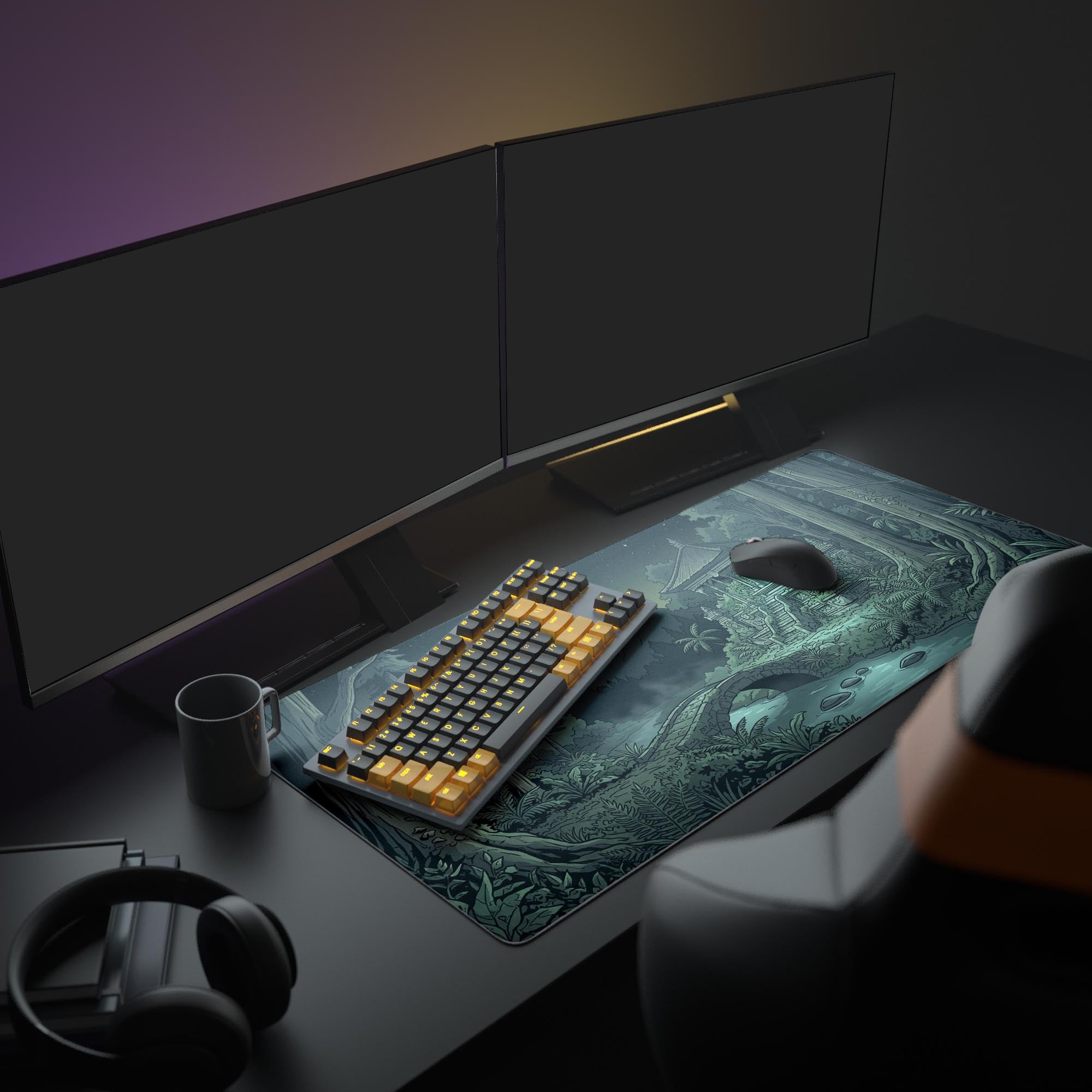 A full PC setup featuring the Forgotten Temple XL Mouse Pad, creating a dark fantasy aesthetic with multiple monitors and a glowing gaming keyboard. - Epic Design Pads & Mousepads