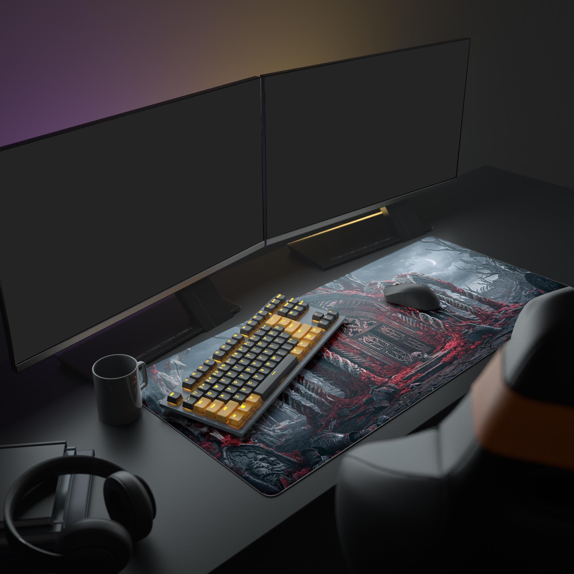 A full gaming setup featuring the Forsaken Shrine mouse pad, displaying a gothic, red-and-black bone shrine design that complements the gaming peripherals. - Epic Design Pads & Mousepads