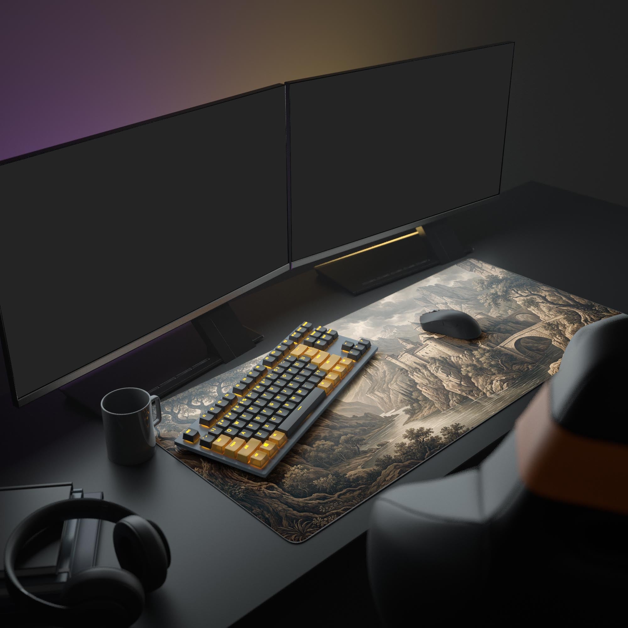 A complete desk setup showcasing the sepia-toned 'Fortress of Solitude' mouse pad, enhancing the aesthetic of a gaming monitor and peripherals. - Epic Design Pads & Mousepads