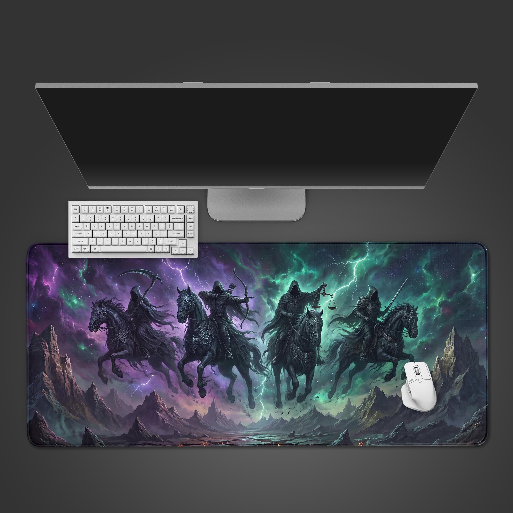 A dark fantasy desk mat featuring four hooded spectral riders on black horses galloping through jagged mountains under a stormy sky with purple and green lightning.