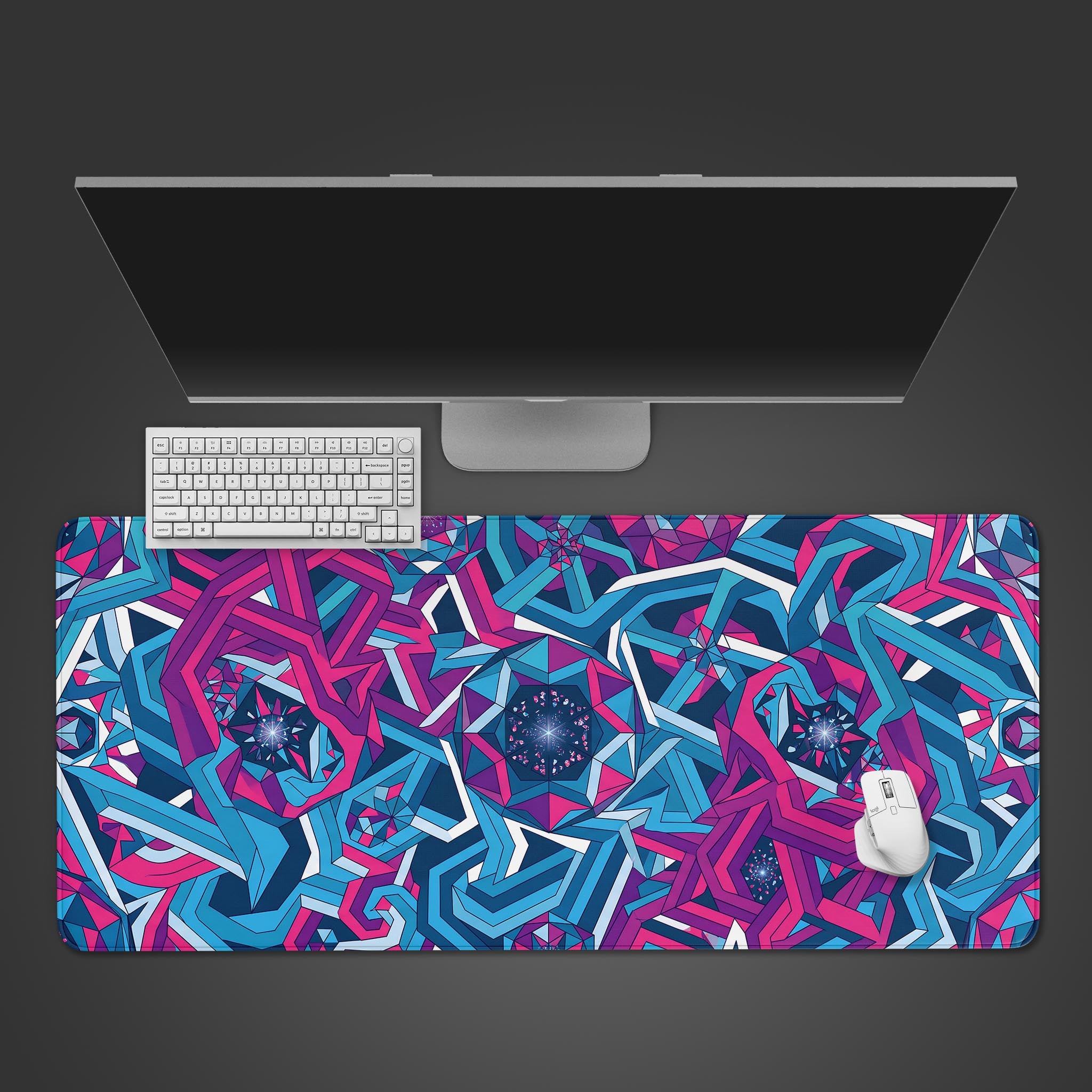 Vibrant neon fractal and geometric shapes desk mat