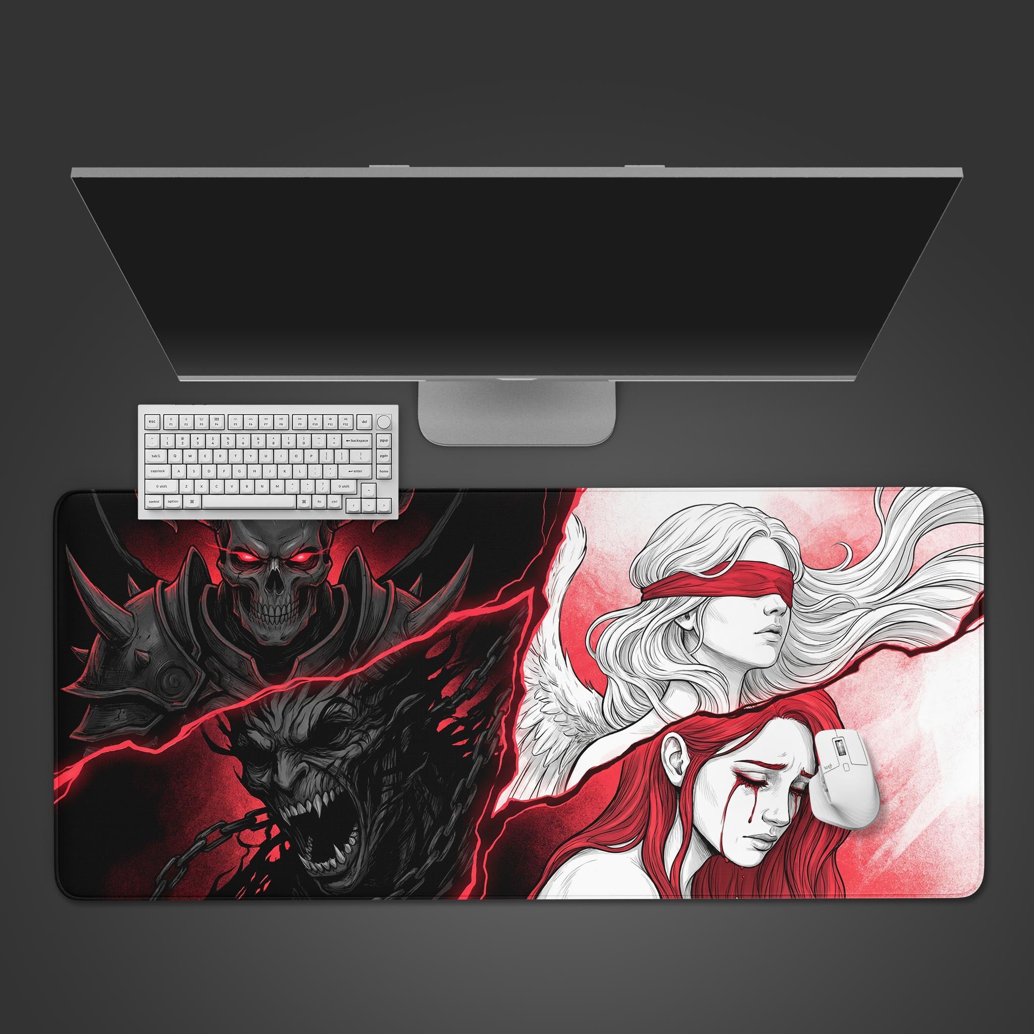 The 'Fractured Divinity' gaming desk mat shown from above, with a white keyboard and mouse placed on its dark fantasy angel and demon design. - Epic Design Pads & Mousepads