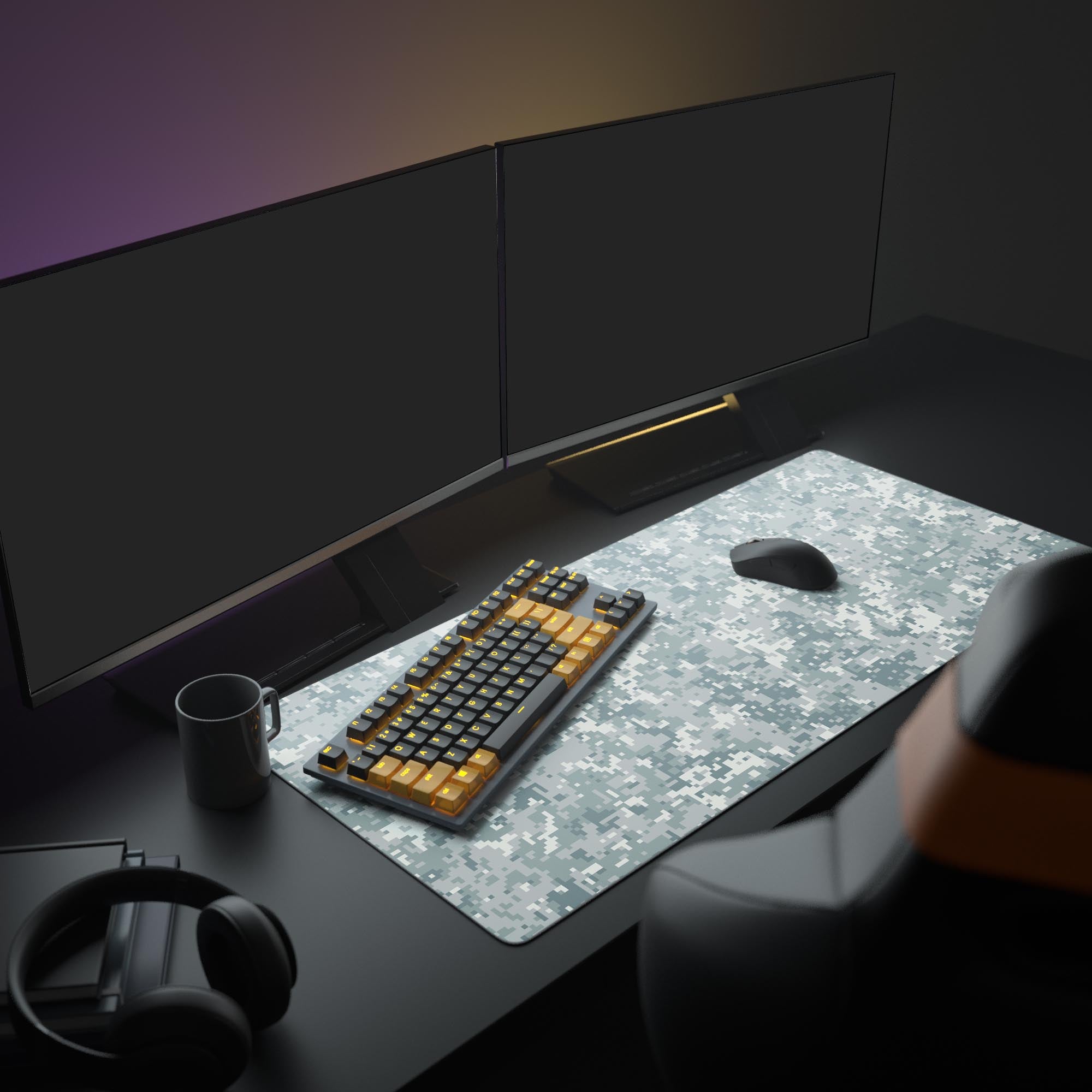 Large Frost Pixel Camo gaming desk mat displayed in a full gaming setup with dual monitors, a mechanical keyboard, and headphones. - Epic Design Pads