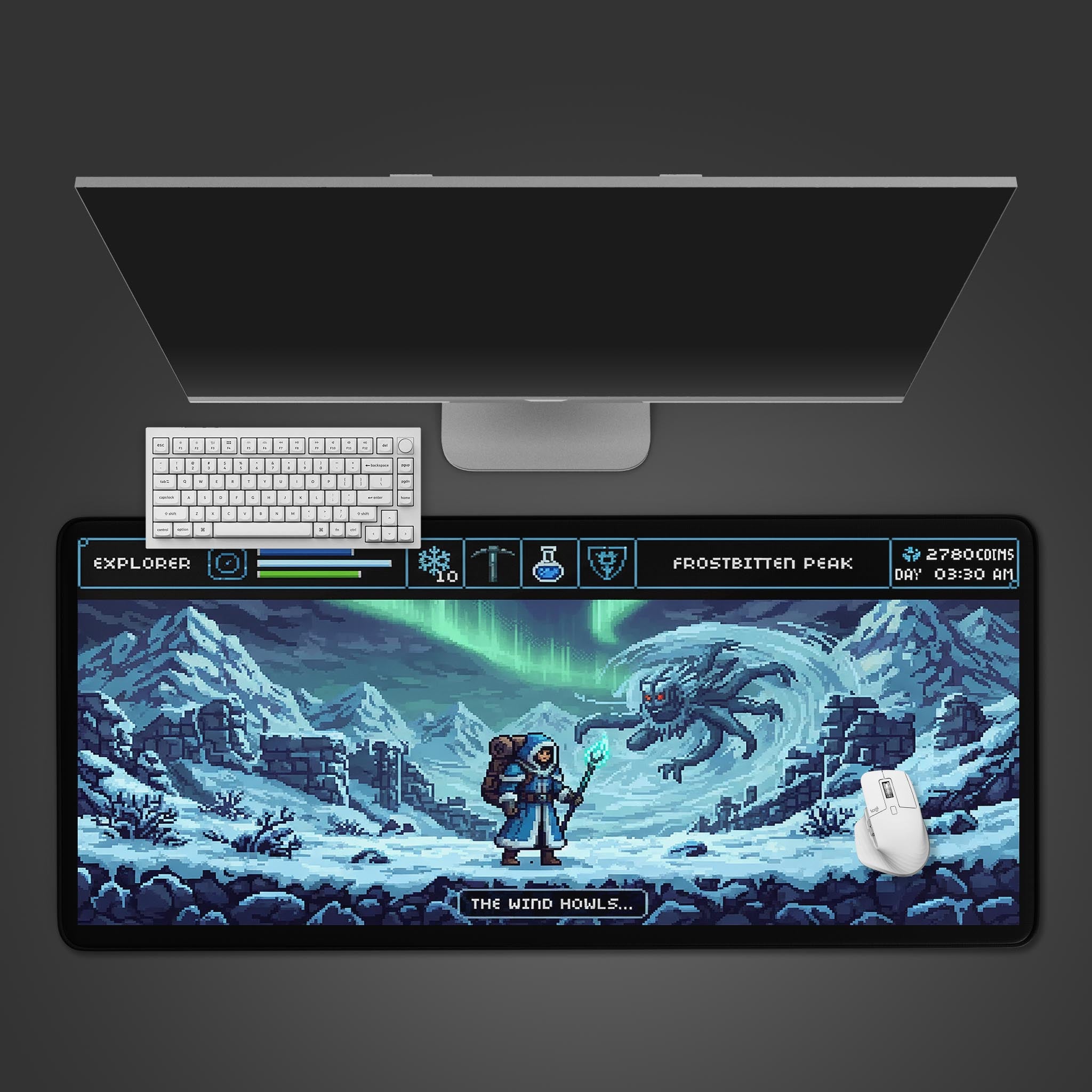 Frostbitten Peak pixel art gaming desk mat showing an RPG battle, top-down view with a keyboard and mouse. - Epic Design Pads