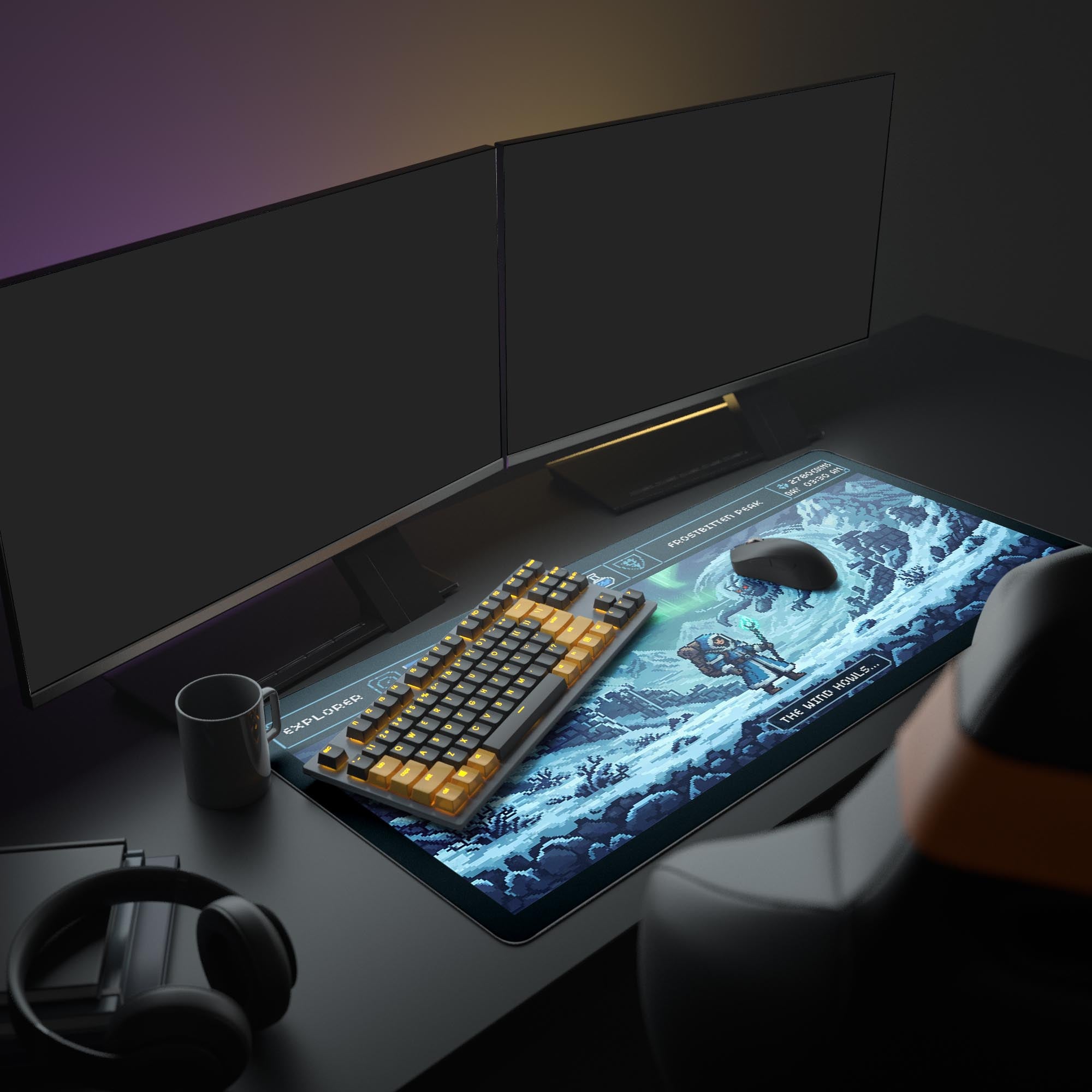 Large Frostbitten Peak pixel art gaming desk mat in a full gamer setup with dual monitors, headphones, and mechanical keyboard. - Epic Design Pads