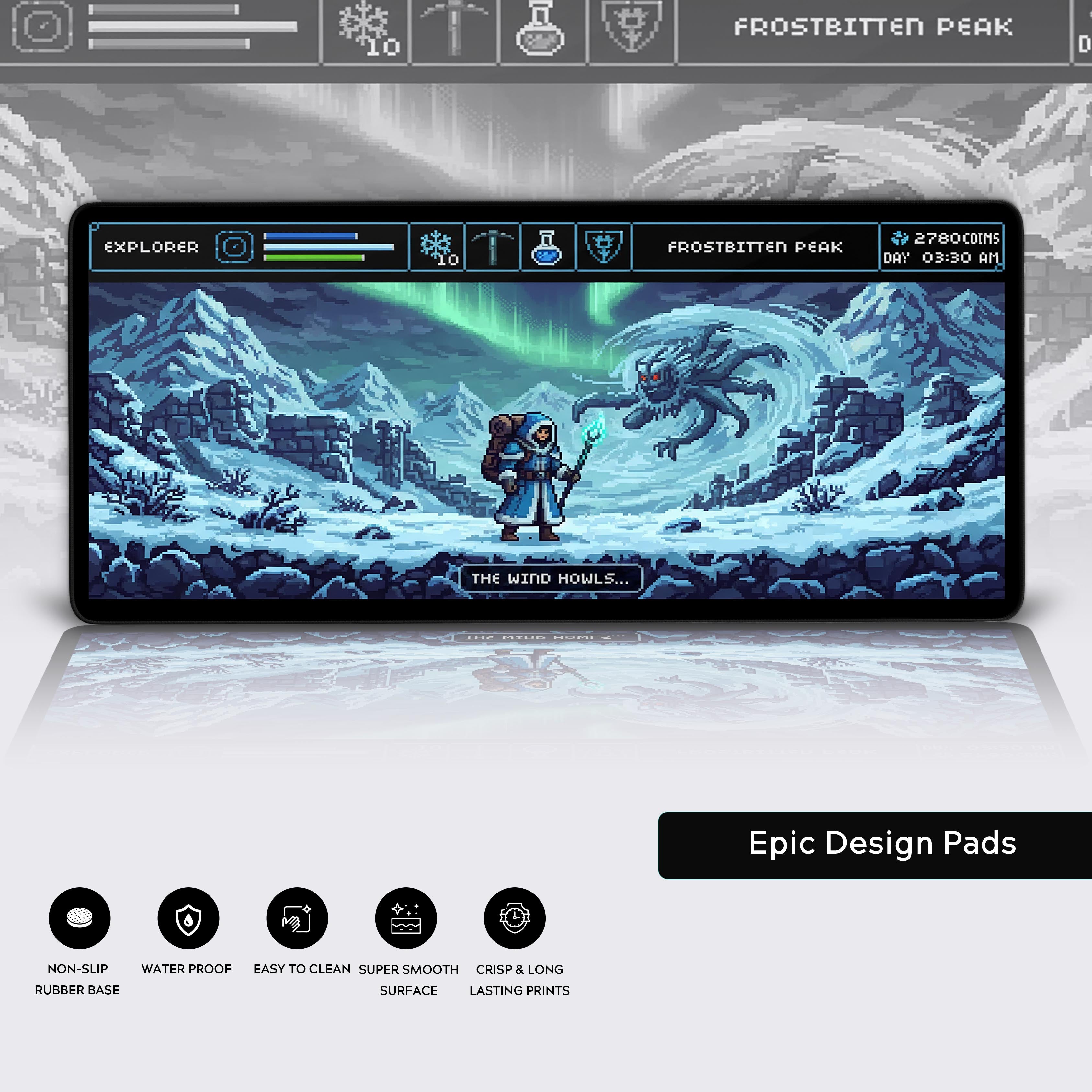 Frostbitten Peak pixel art gaming desk mat with a detailed view of the anti-fray stitched edges, waterproof surface, and non-slip rubber base. - Epic Design Pads