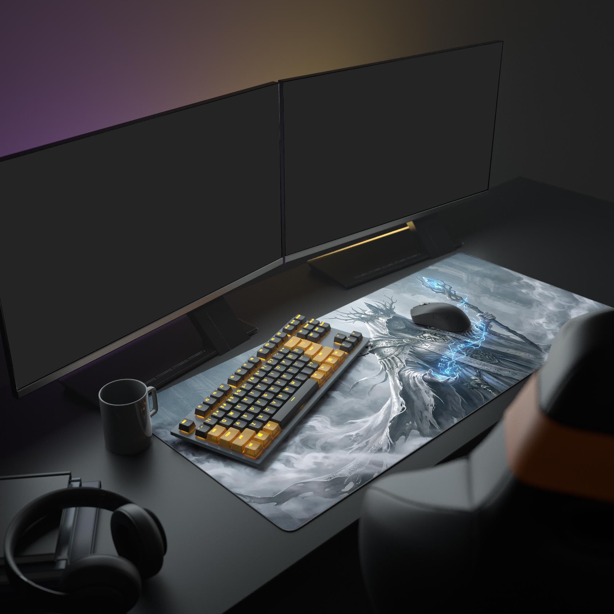 A full gaming PC setup featuring the Frostbound Lich gaming desk mat, which showcases a powerful wizard. The setup includes dual monitors and an illuminated keyboard. - Epic Design Pads & Mousepads