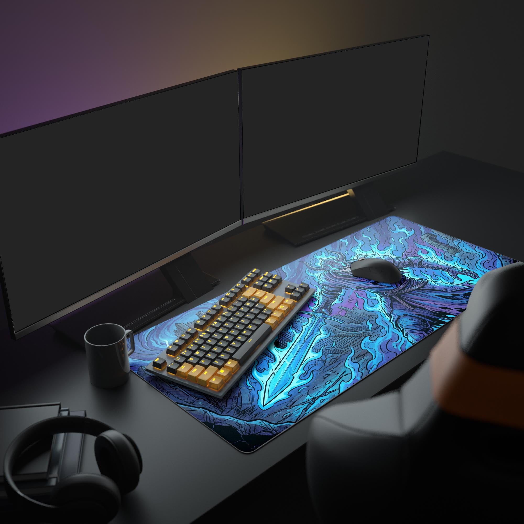 A dark fantasy PC setup featuring the Frostfire Sentinel desk mat, unifying the look of a gaming keyboard, mouse, and monitors with its vibrant blue and purple artwork. - Epic Design Pads & Mousepads