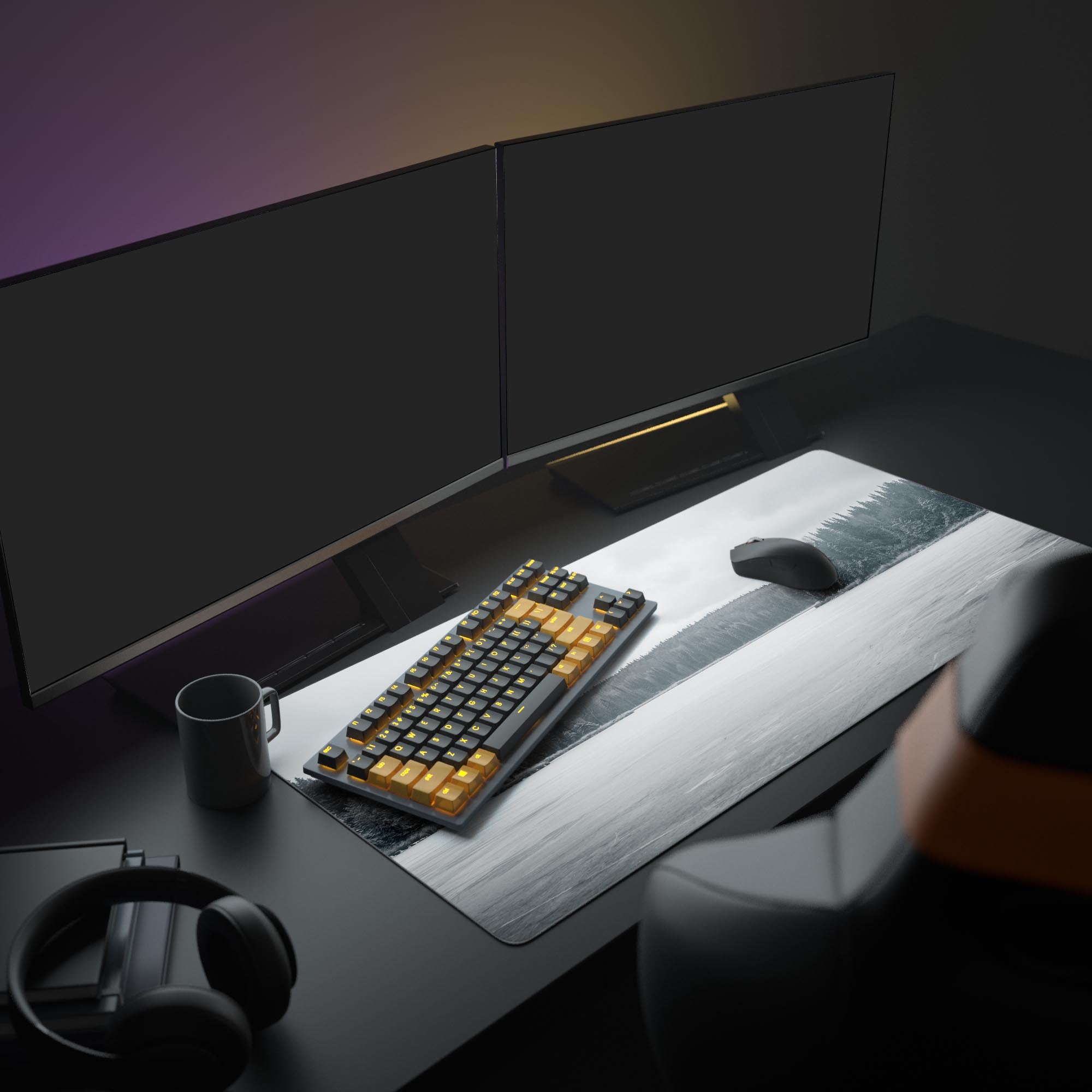 Large Frozen Lake black and white desk mat – shown in a modern office setup with dual monitors and minimalist accessories. - Epic Design Pads